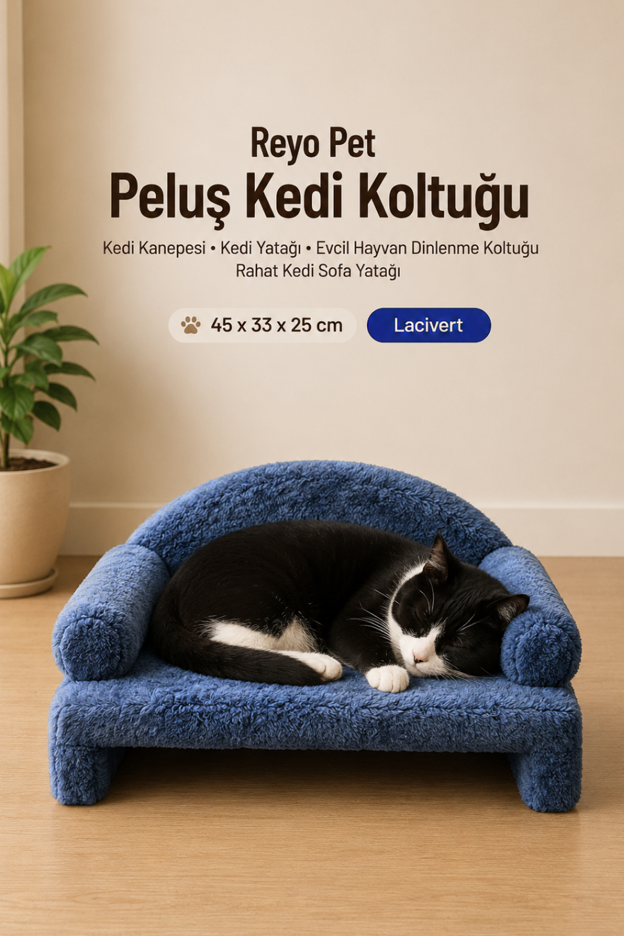 Reyo Pet Peluş Kedi Oturma Koltuğu Kedi Yatağı Lacivert