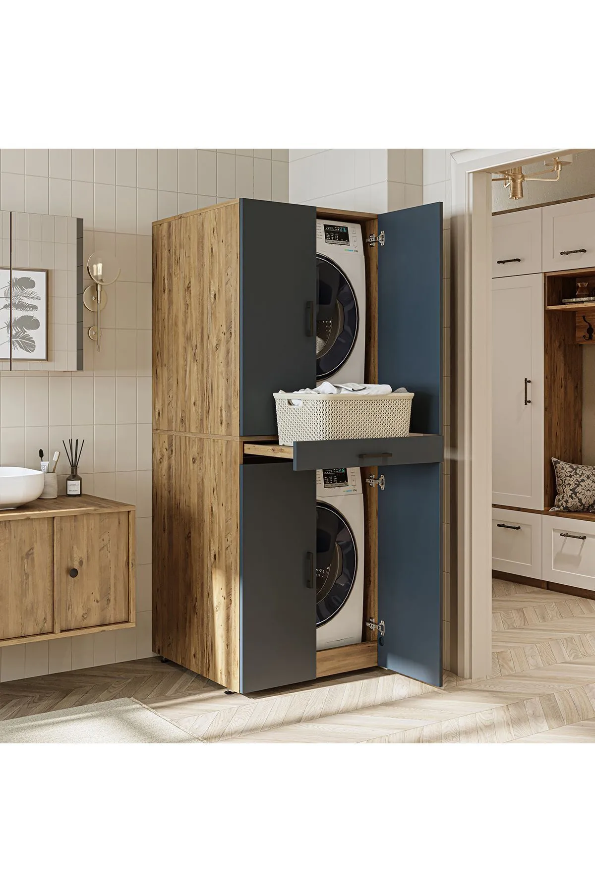 RoomArt Banyo Dolabı Kapaklı Çamaşır Ve Kurutma Makinesi Dolabı 70x185 cm Atlantik Çam - Antrasit