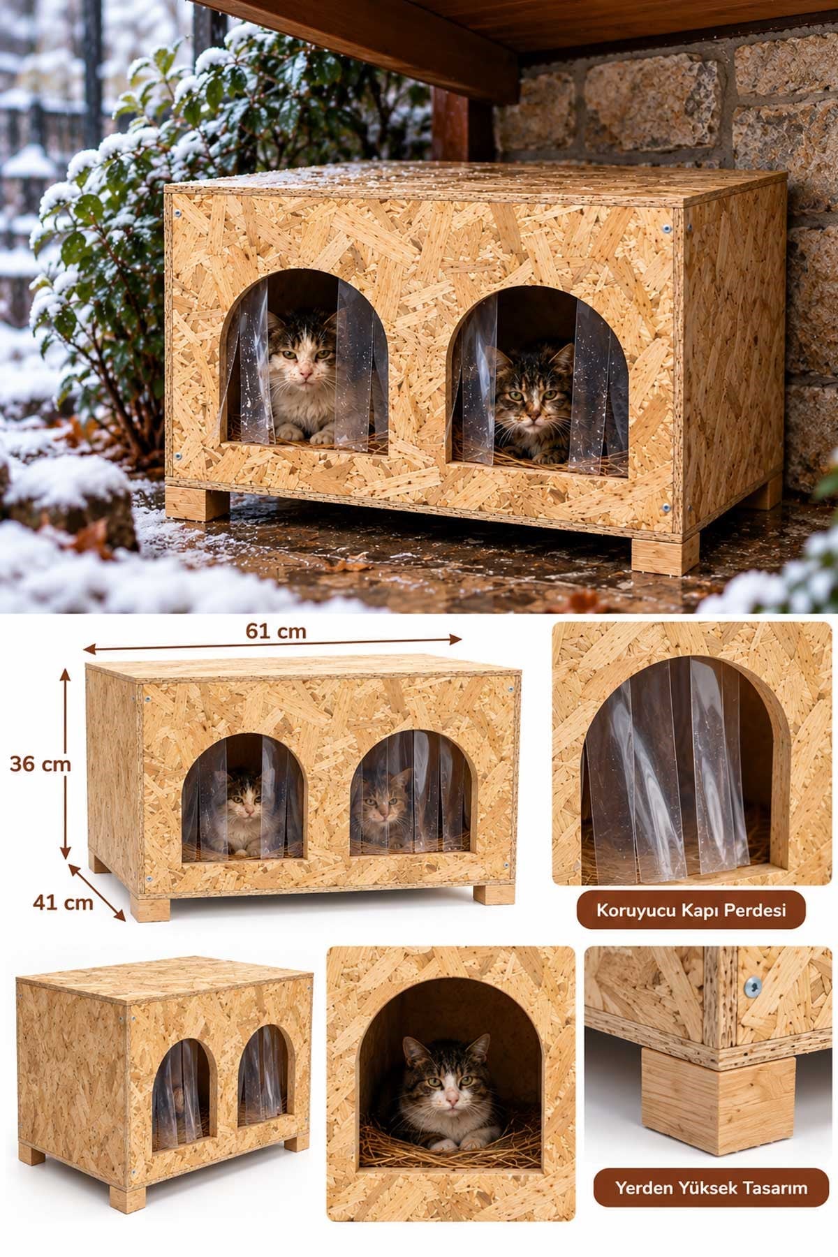 Reyo 2 Bölmeli Yetişkin Kedi Evi, Kedi Barınağı, Sokak Hayvanları İçin Kedi Barınağı, Kedi Yuvası, Rüzgar ve Soğuğa Dayanıklı Ahşap  61x41x36 cm CAT50