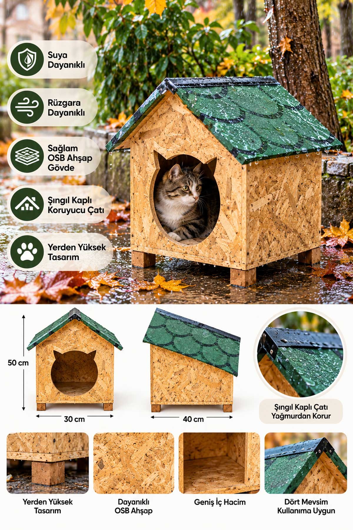 Msay 30x40x50cm Orta Boy Yetişkin Kedi Evi, Sokak Canları için Kedi Barınağı, Yağmur ve Rüzgara Dayanıklı Kedi Yuvası (Demonte Gönderim)