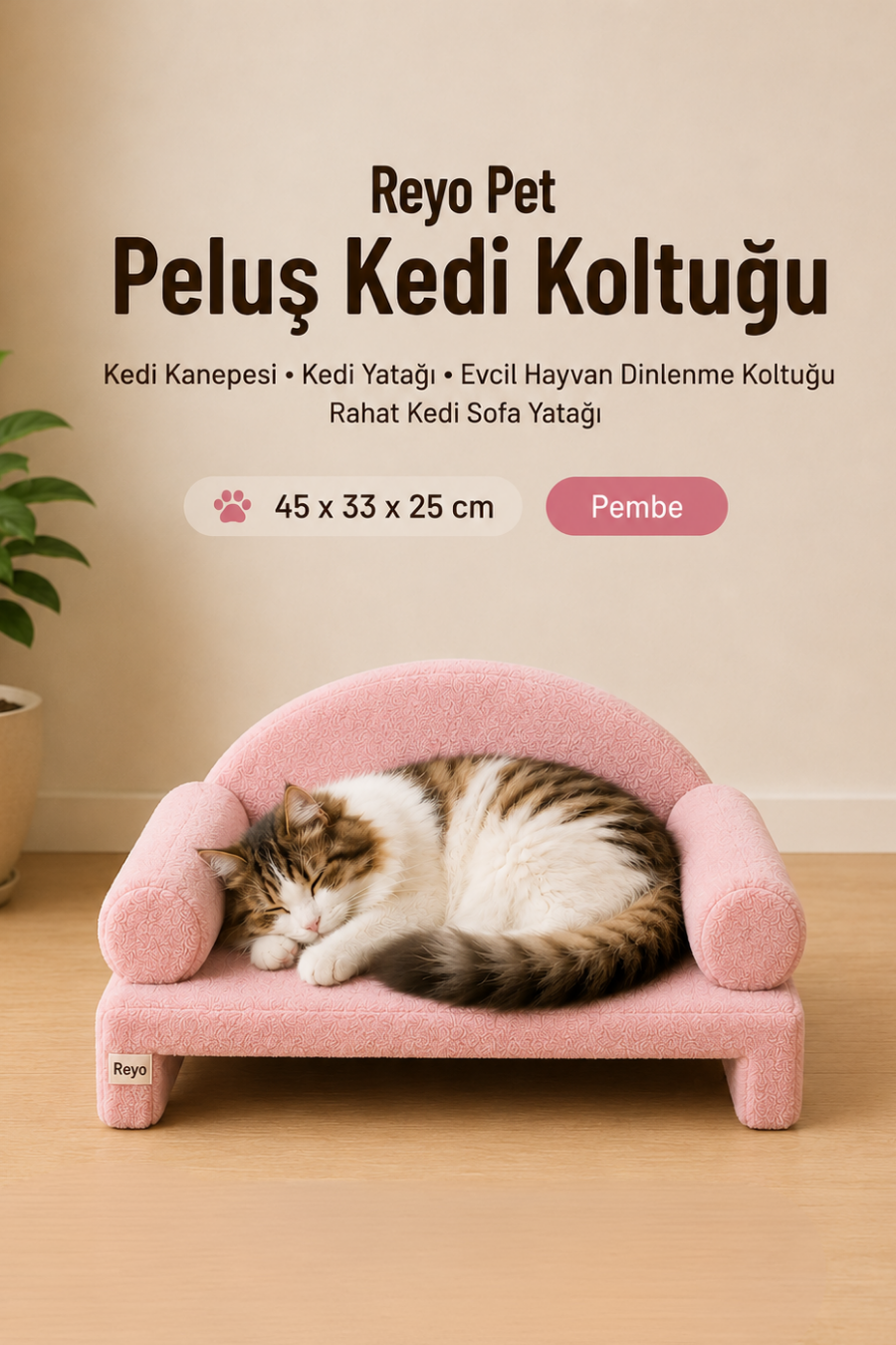 Reyo Pet Peluş Kedi Koltuğu, Kedi Kanepesi, Kedi Yatağı, Evcil Hayvan Dinlenme Koltuğu, Rahat Kedi Sofa Yatağı, 45x33x25 cm Pembe