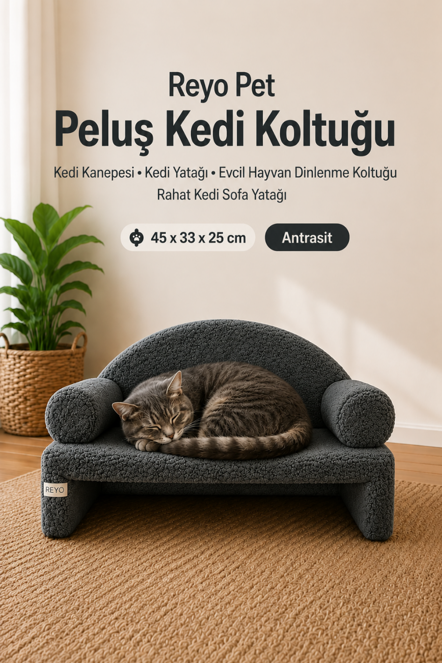 Reyo Pet Peluş Kedi Koltuğu, Kedi Kanepesi, Kedi Yatağı, Evcil Hayvan Dinlenme Koltuğu, Rahat Kedi Sofa Yatağı, 45x33x25 cm Antrasit