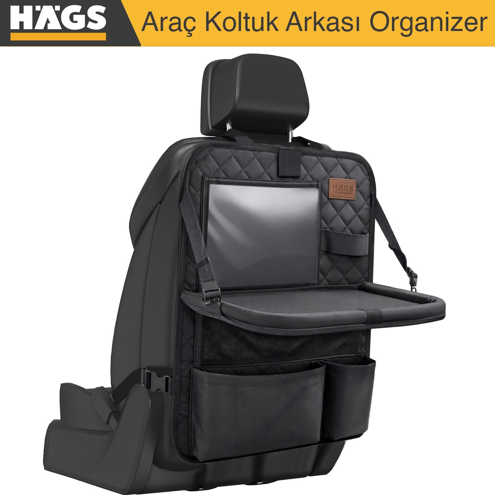 Haegs Araç Koltuk Arkası Düzenleyici, Araç içi Organizer Düzenleyici, Katlanır Sehpalı, Çocuk Tekmeleri için çok Fonksiyonlu Araba Koltuğu Sırt Koruyucu Paspas Mat, Tablet Bölmeli ve Çok Sayıda Cepli, Siyah