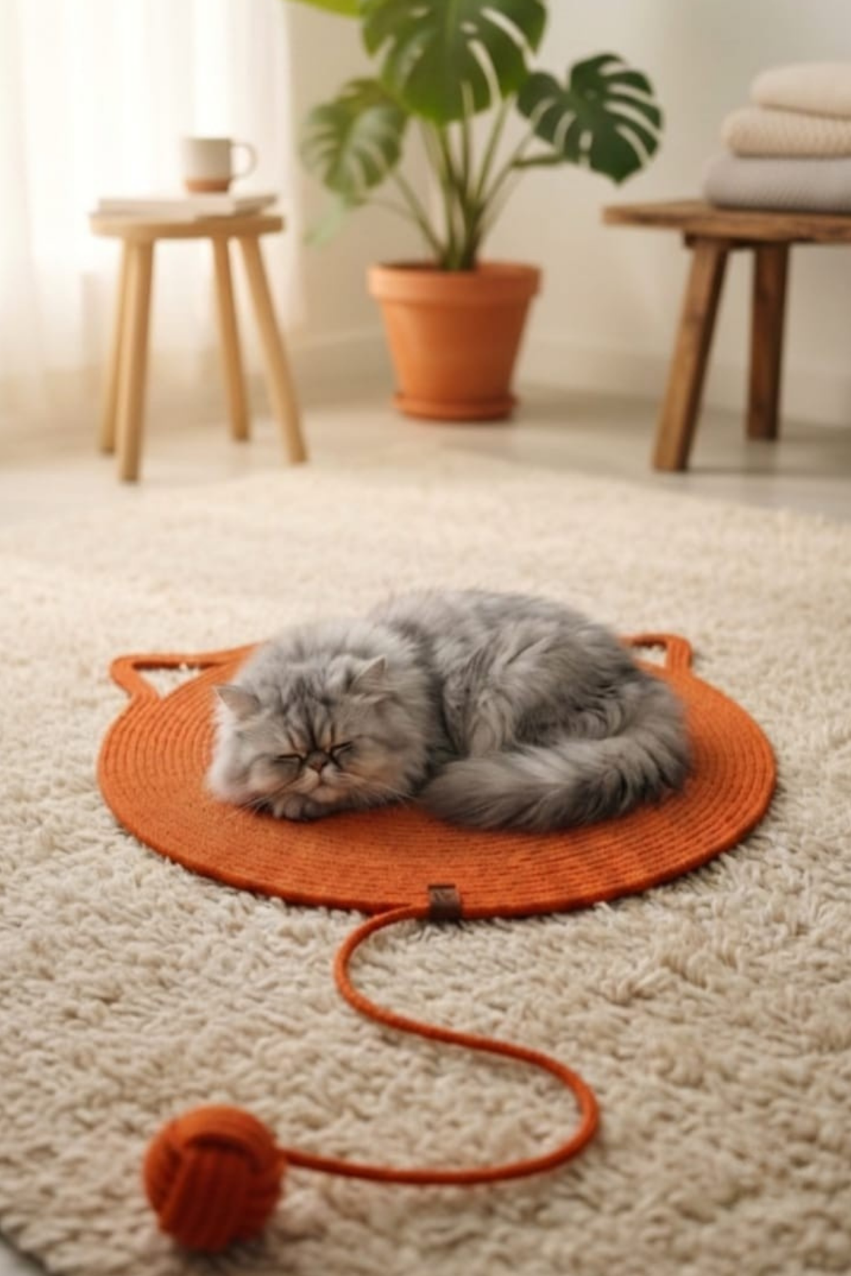 Reyo Pet El Yapımı Oyuncaklı Kedi Tırmalama Matı Tress İpli Turuncu