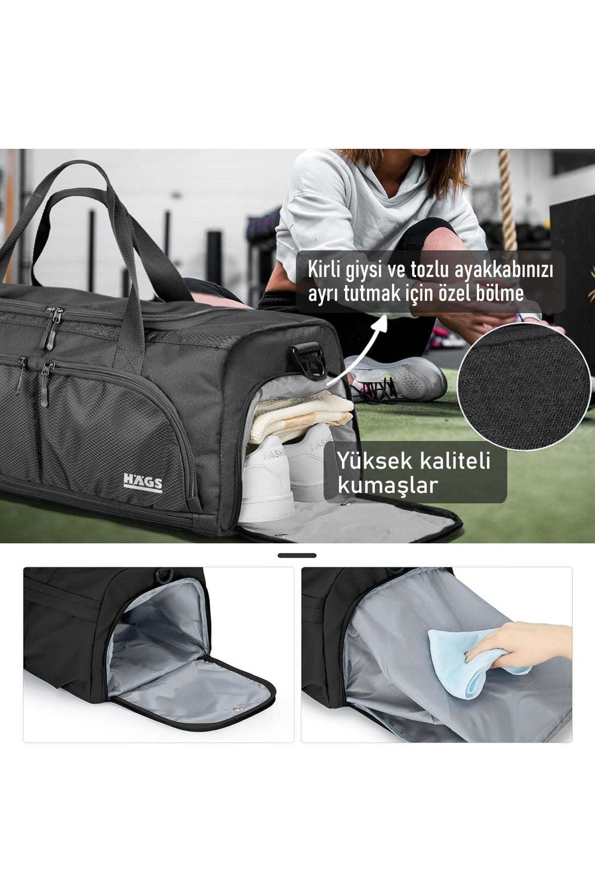 HAEGS Spor Çantası, 10 Cepli, Ayakkabı bölmeli, Su Geçirmez Islak Eşya Keseli, Organizer Tasarımlı Dayanıklı Bay Bayan Seyahat Çantası, Gym, Fitness Çantası, Medium - Gri