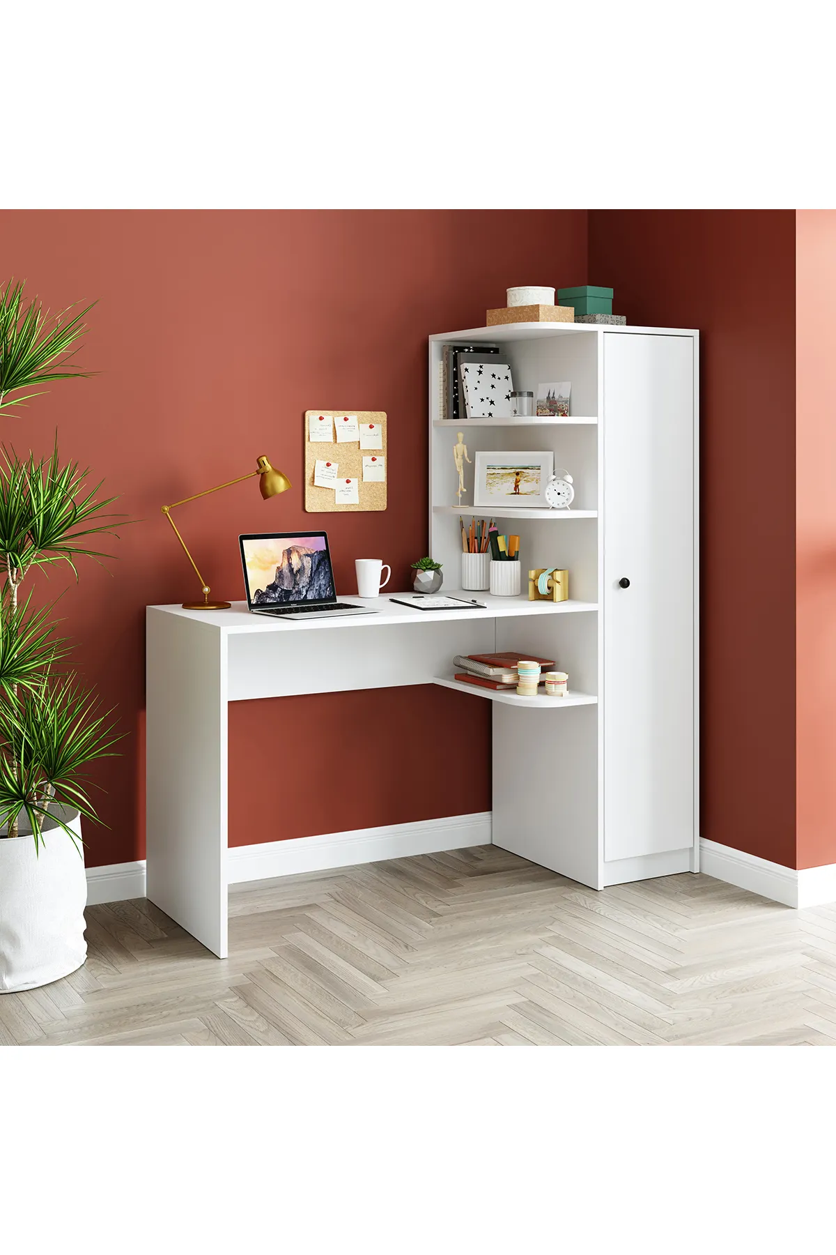 Roomart Roma Raflı Çalışma Masası, Çalışma Ofis Masası Sağ Dolap Mat Beyaz