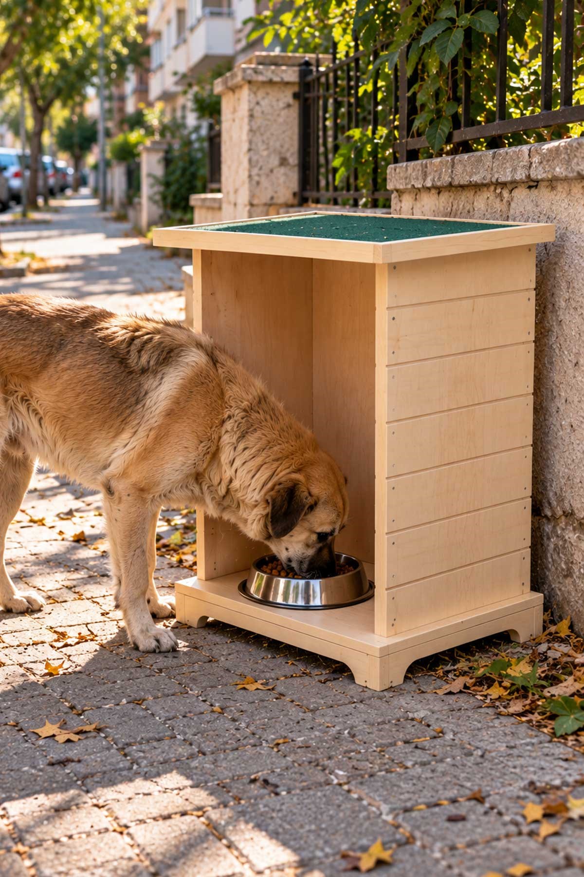 Reyo Büyük Boy Köpek Ahşap Mama İstasyonu, Kedi Mama İstasyonu Su Geçirmez Memran Çatılı, Uzun Ömürlü Kullanım Naturel DOGMİ 