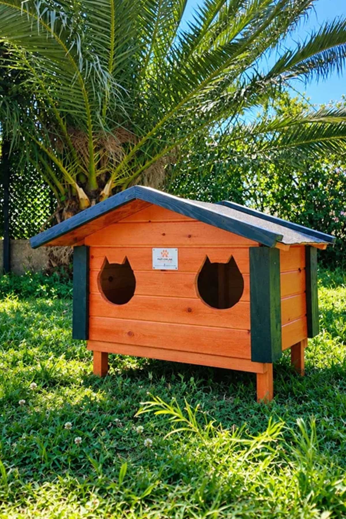 Pati Emlak 2'li Ahşap Kedi Evi, Su Geçirmez Şıngıl Çatılı, Dış Mekan Kedi Barınağı 70x60x50 cm – Kurulu Teslimat