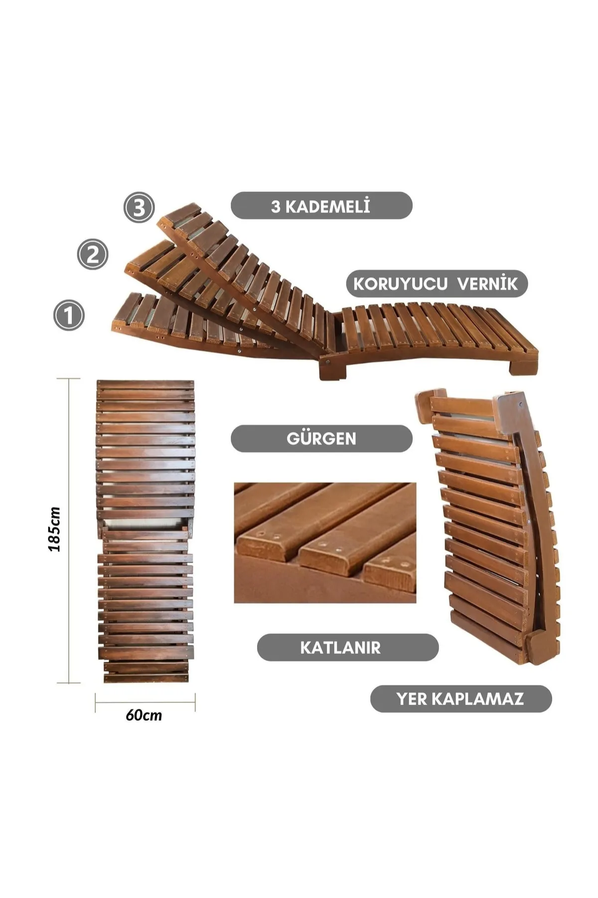 Bysay Ahşap Katlanabilir Yatar Şezlong 3 Kademe Plaj Yatağı Minder Dahil Ceviz-Gri