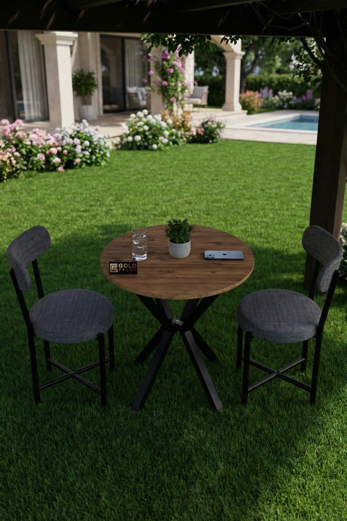 Reyo Falez Teddy 70 cm Yuvarlak Mutfak Masa Takımı 2 Sandalyeli Modern Bahçe Balkon Kafe Seti Atlantik Çam-Gri 9840