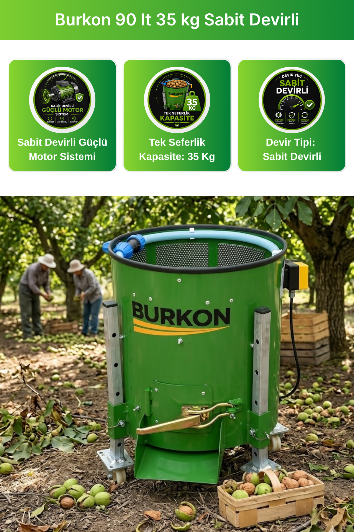 Burkon 90 lt 35 kg Sabit Devirli Ceviz Soyma Makinesi