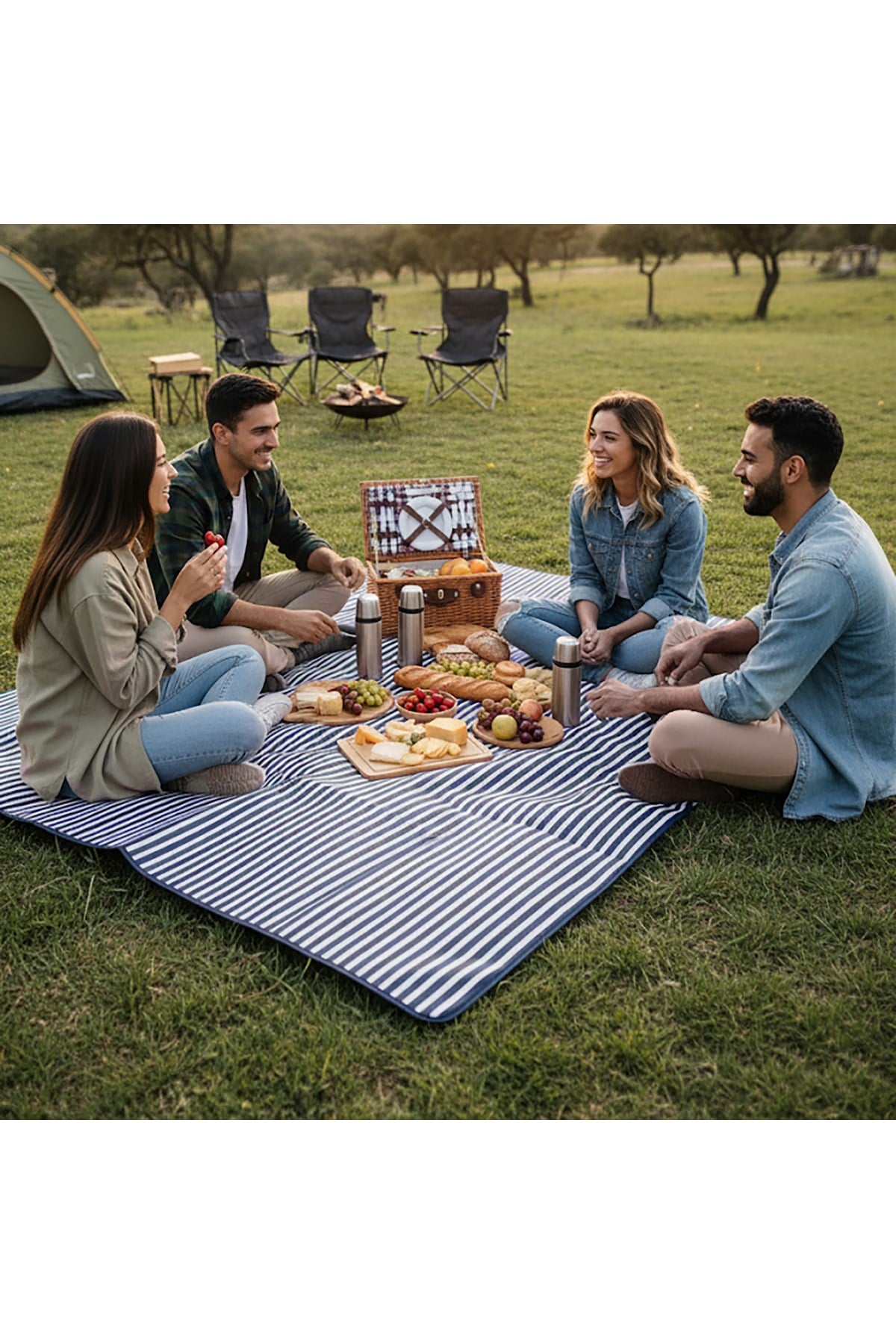 Haegs Piknik Örtüsü, Çanta Kamp Matı, Plaj Matı, Piknik Yer Örtüsü, Seyahat, Kamp, Outdoor, Kum Tutmaz, Su Geçirmez, Katlanabilir 200x150cm - Mavi Beyaz Çizgili