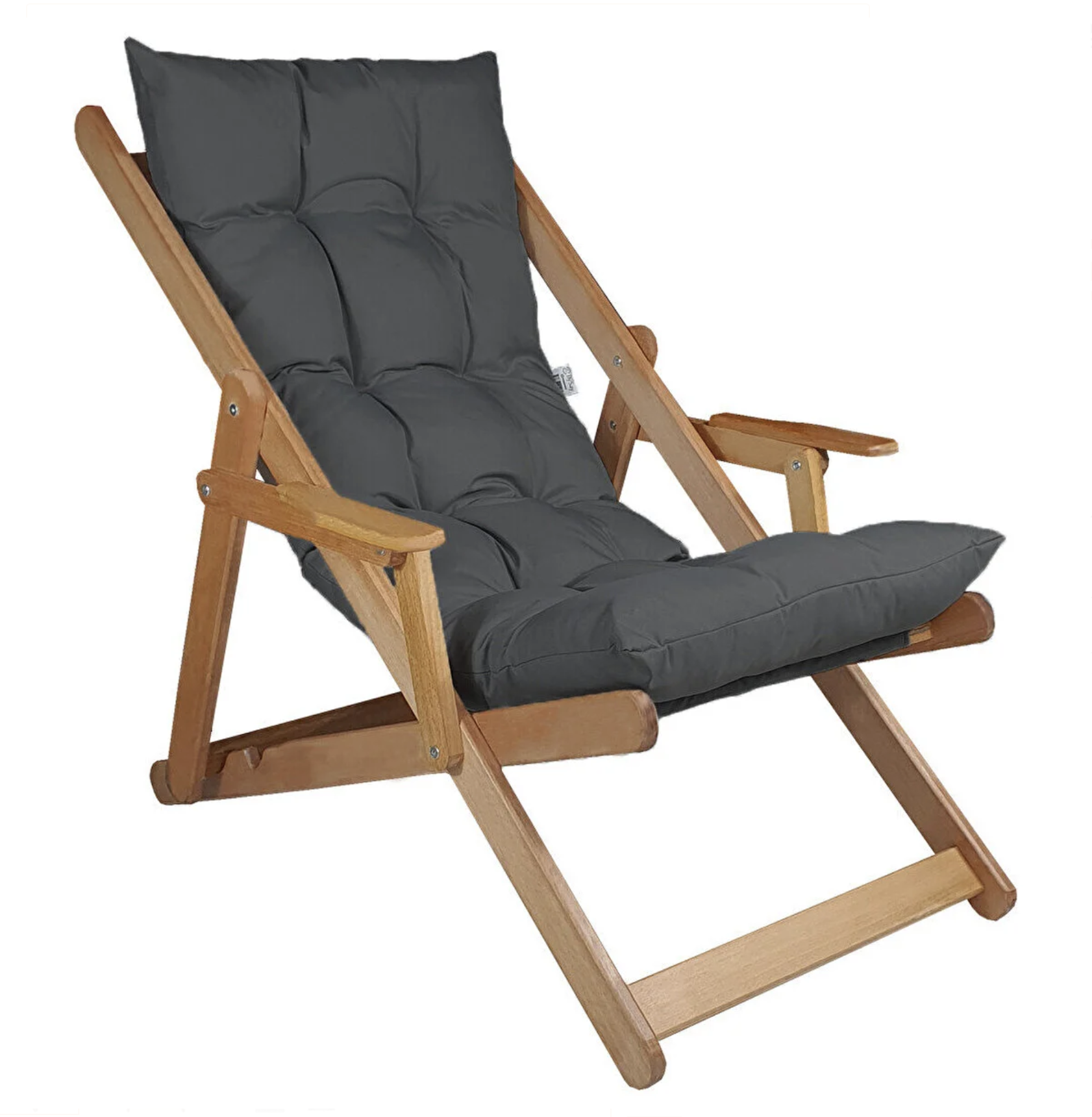 Bysay Ahşap Katlanır Taşınır Puf Minderli Şezlong Plaj Bahçe Tera Balkon İçin 3'lü Set Antrasit