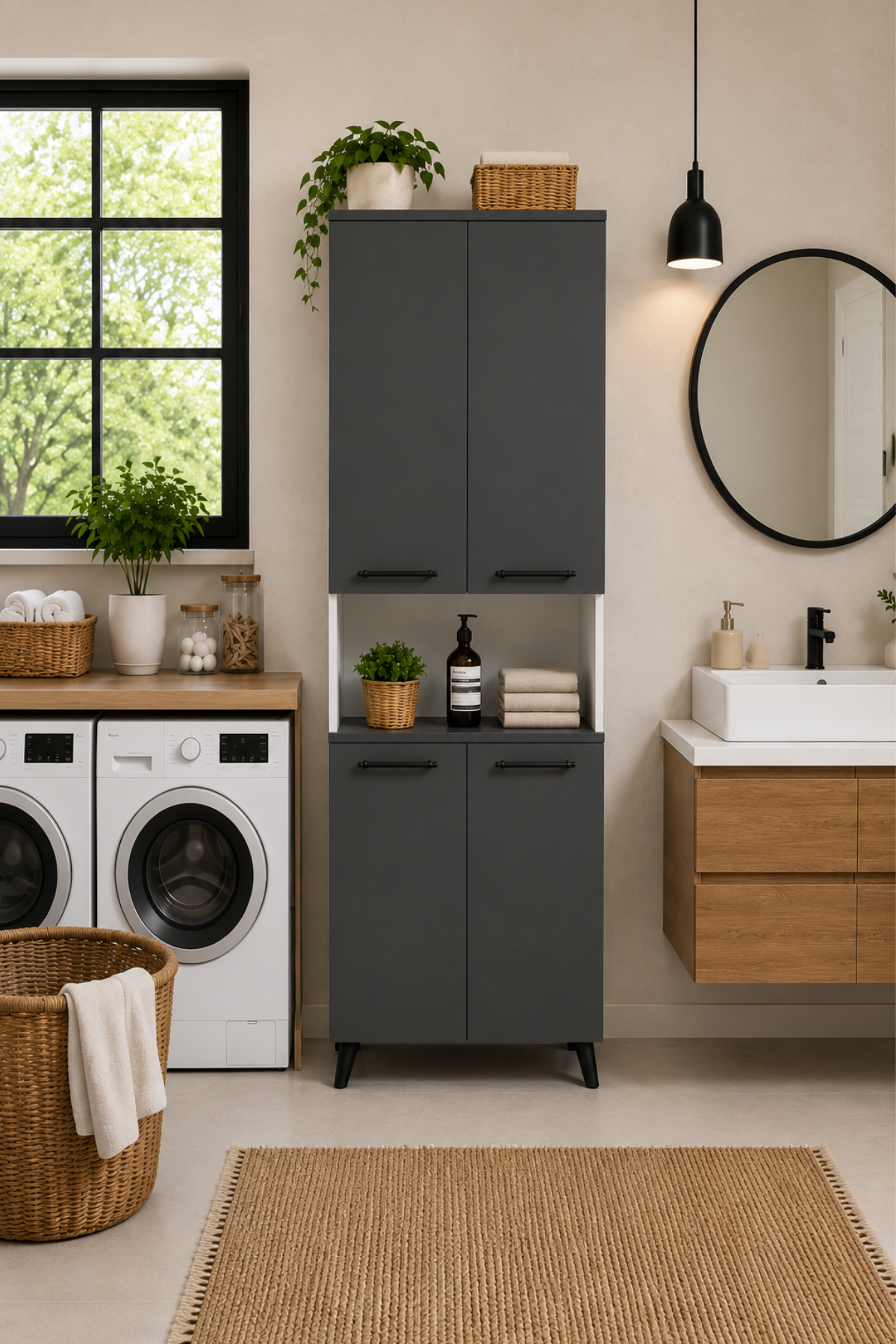 Enda Home Listra 4 Kapaklı Çok Amaçlı Dolap 170,8 cm,  Raflı, Ayaklı Depolama Dolabı Antrasit - Beyaz
