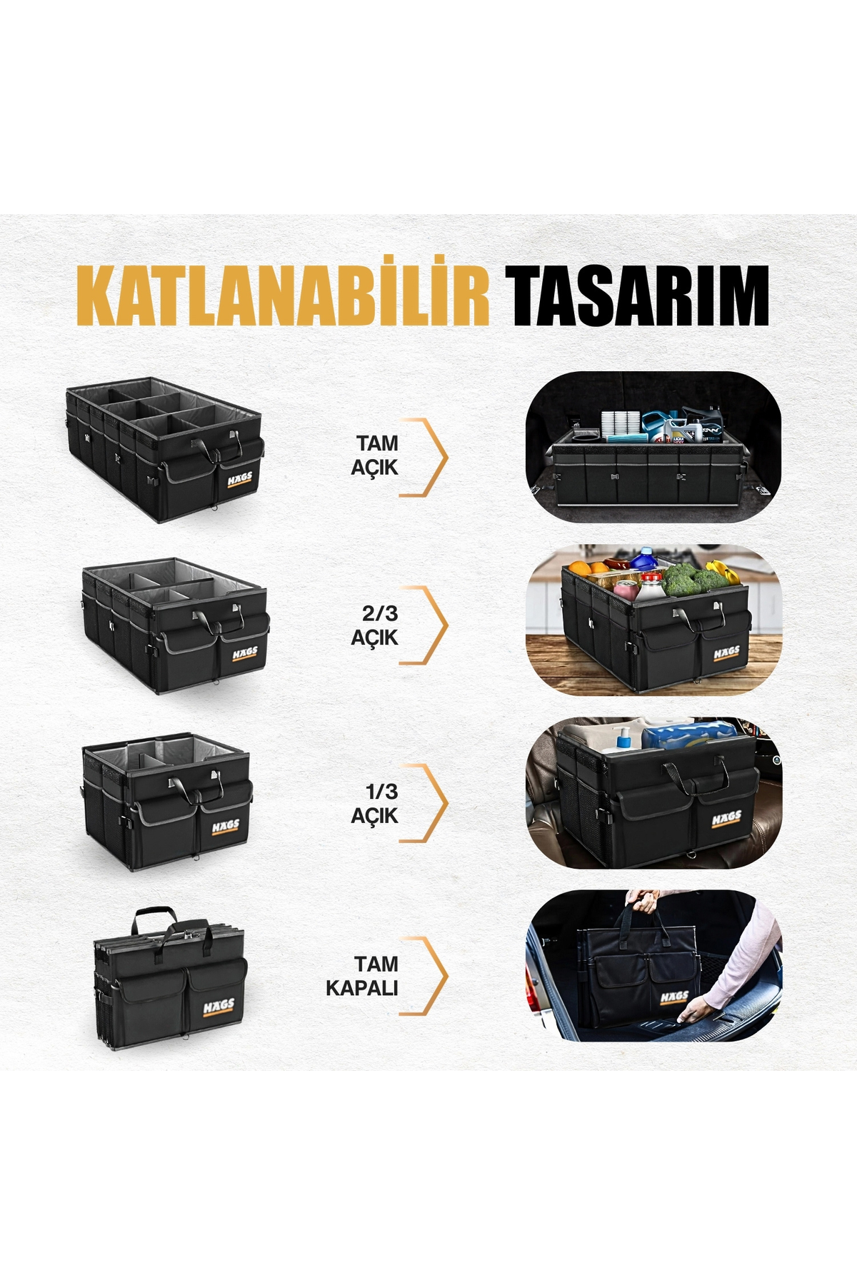 HAEGS Araç Bagaj Düzenleyici, Soğutucu Çantalı Bagaj Organizer Sağlam Katlanabilir, Otomobil ve SUV`lar için, Cepli, 3 Ana Bölmeli, 100L: 90x40x28 cm - Bej