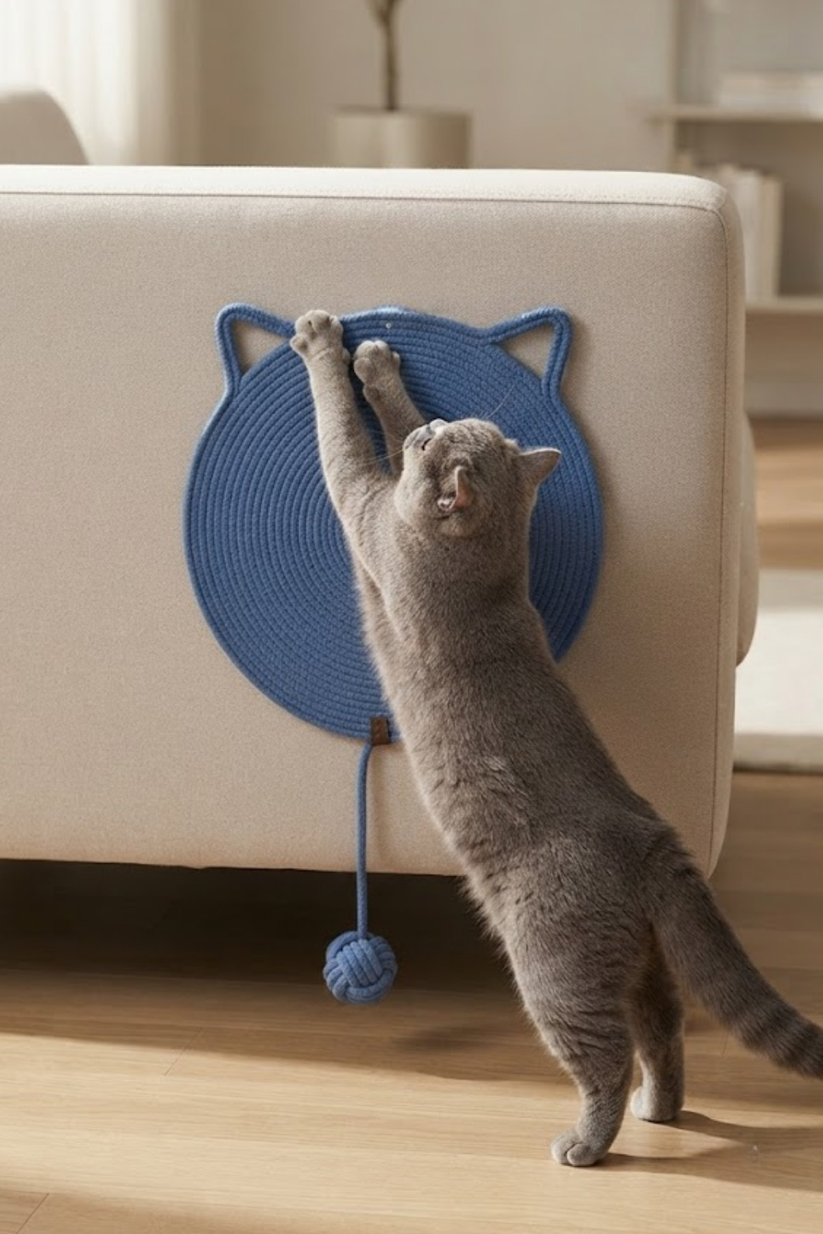 Reyo Pet El Yapımı Oyuncaklı Kedi Tırmalama Matı %100 Pamuk İpli Mavi