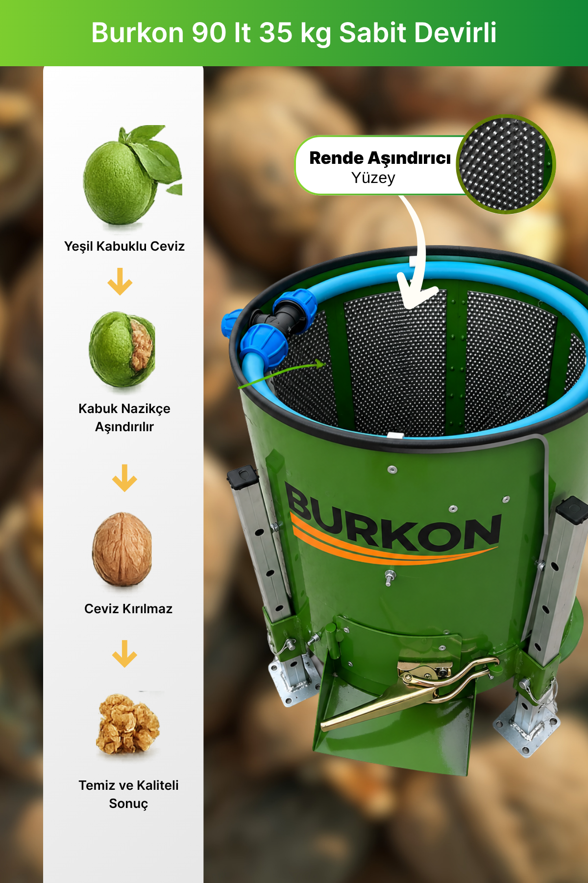 Burkon 90 lt 35 kg Sabit Devirli Ceviz Soyma Makinesi