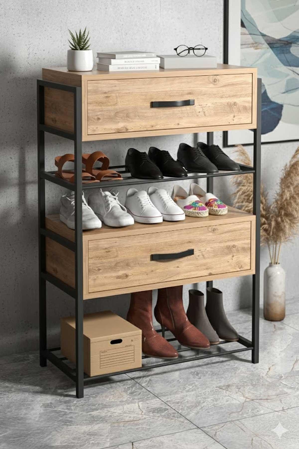 Reyo Falez Ayakkabılık Ahşap 2 Kapaklı Metal Raflı 4 Katlı Çok Amaçlı Atlantik Çam