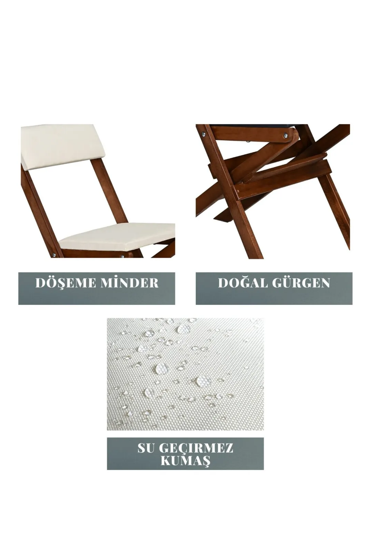 BySay Ahşap Katlanır Döşeme Minderli 3'lü Bistro Set Bahçe Takımı Ceviz Krem