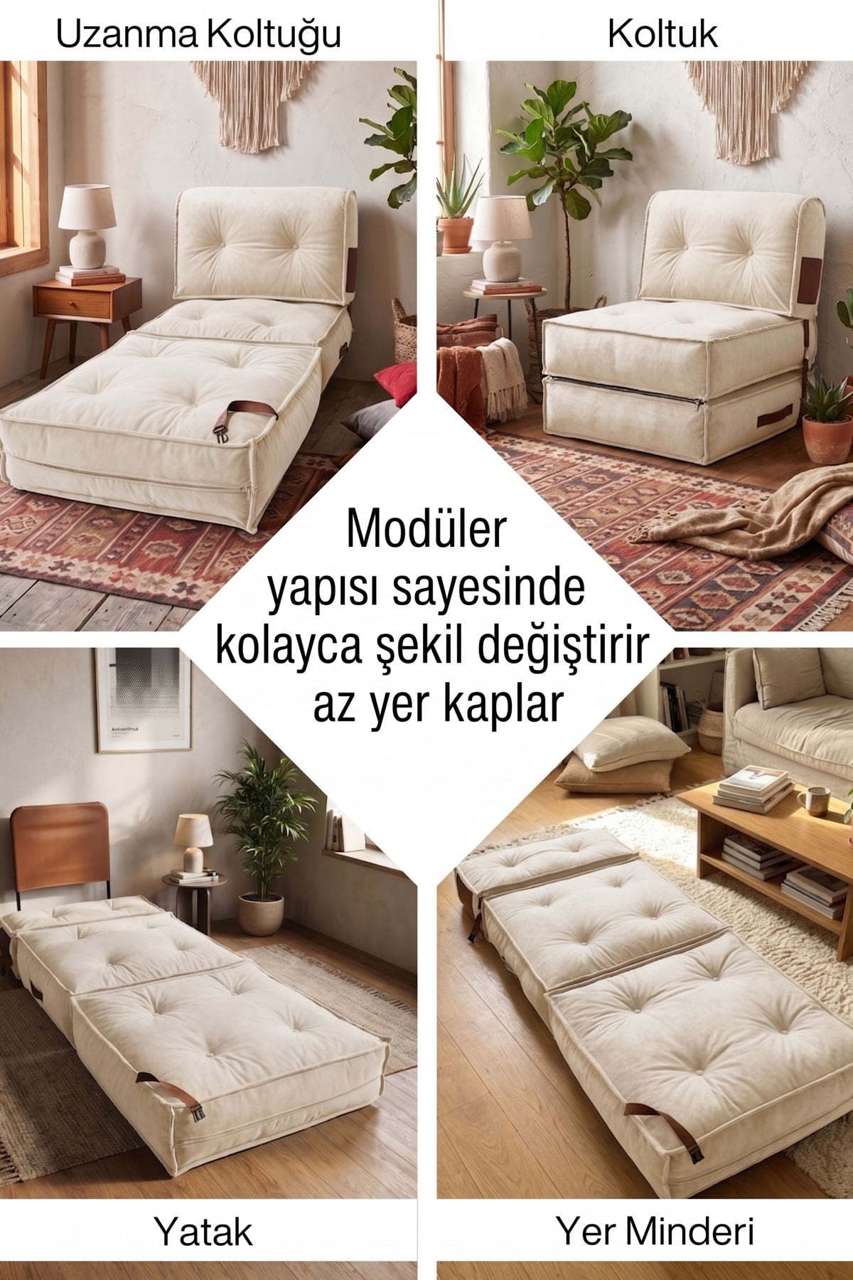 Pufymax Comfort Minder Koltuk Modüler Yer Koltuğu Sırt Destekli Oturma Minderi 75x75x85cm Yıkanabilir Fermuarlı Krem 