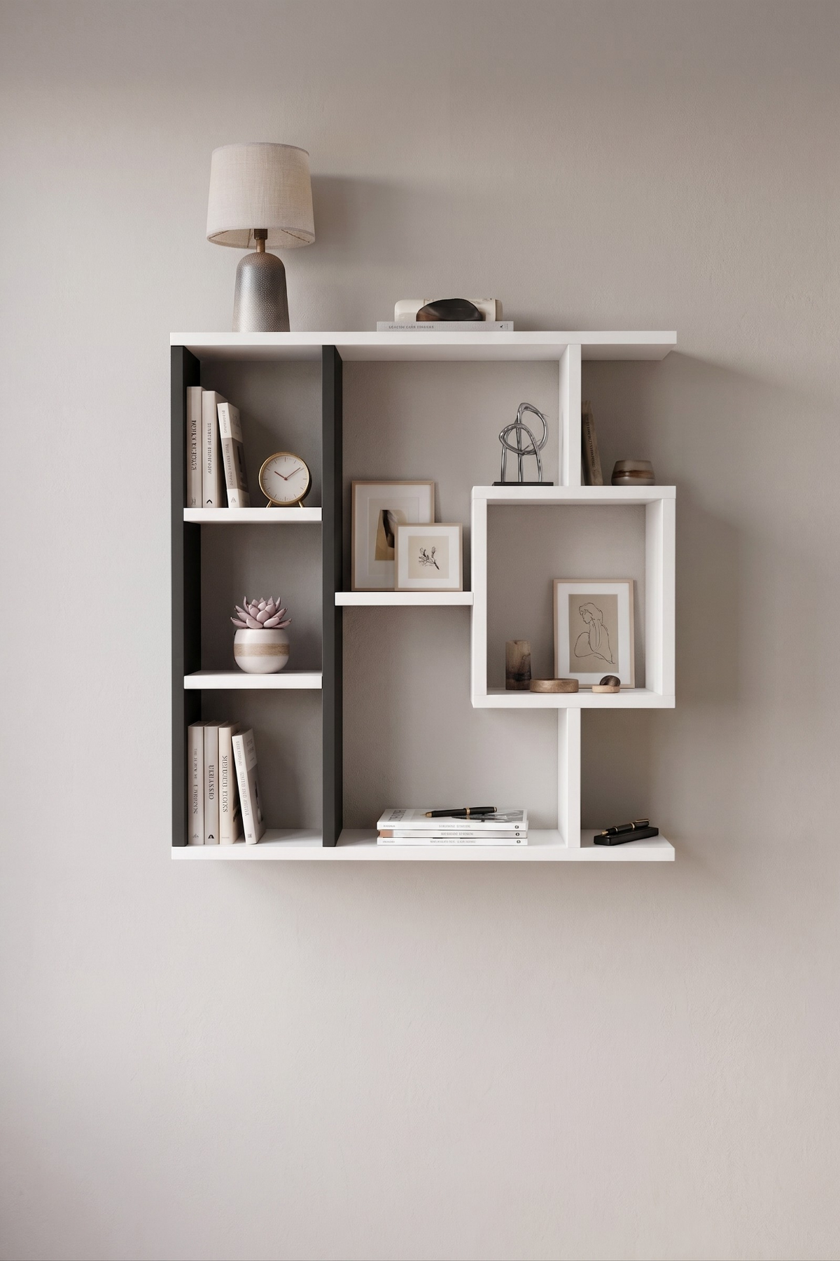 Enda Home Yegane Duvar Rafı, Duvar Kitaplığı, Dekoratif Kitaplık, Modern Kitaplık, Zeminde veya Duvarda Kullanıma Uygun Antrasit - Beyaz