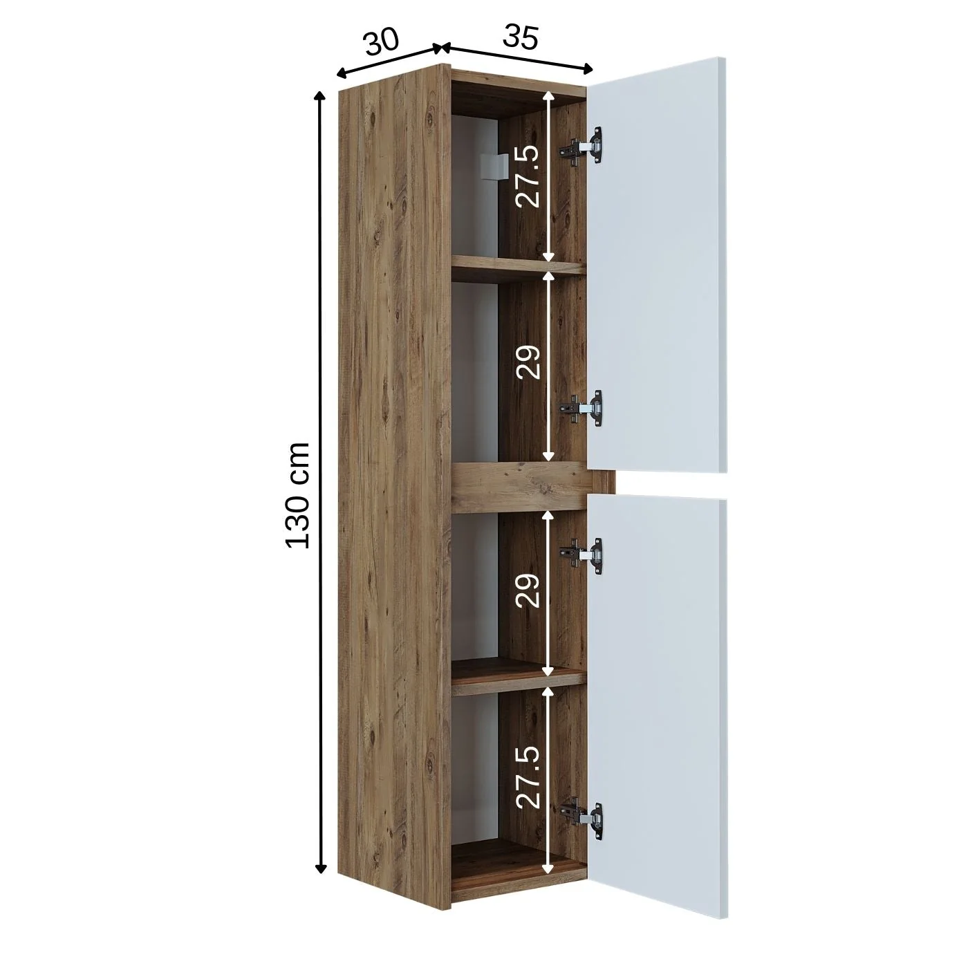 Roomart Bd2 Ayaksız 2 Kapaklı Ahşap-Mat Beyaz 130 x 35 cm Banyo Boy Dolabı