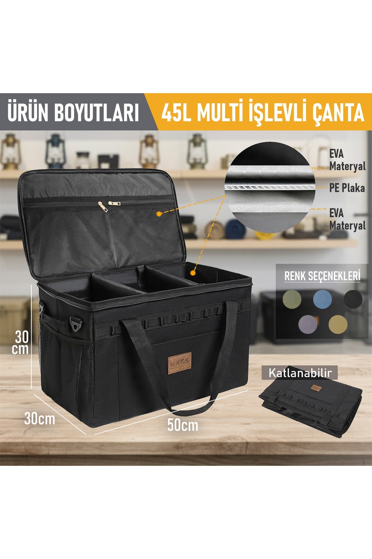 Haegs Araba Bagaj Organizer Çanta, Çok Amaçlı Termal Çanta, Araç içi Alet Eşya Düzenleyici, Kamp Malzemeleri, Piknik Çantası, Taktik, Yalıtımlı Soğutucu Yemek Taşıma Çantası, 45 Lt, Yeşil