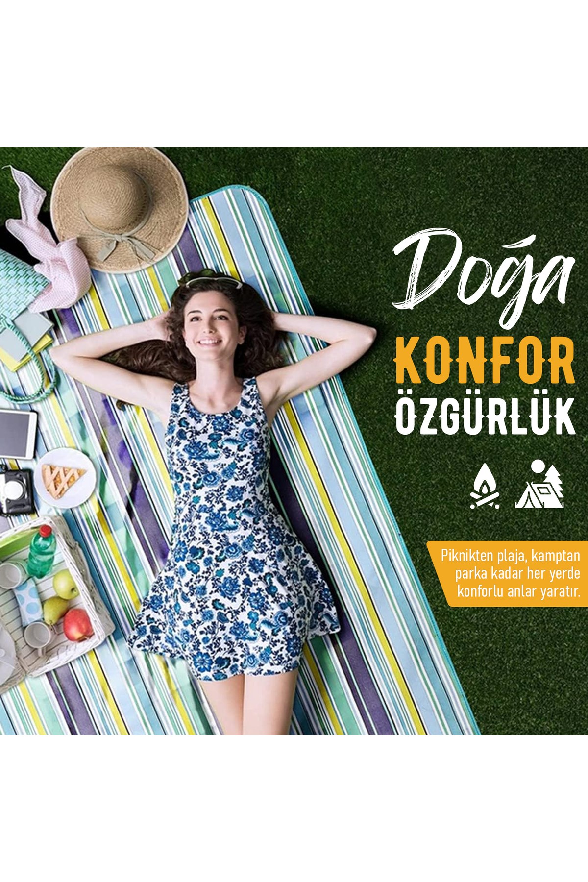 Haegs Piknik Örtüsü, Çanta Kamp Matı, Plaj Matı, Piknik Yer Örtüsü, Seyahat, Kamp, Outdoor, Kum Tutmaz, Su Geçirmez, Katlanabilir 200x150cm - Kırmızı Çizgili