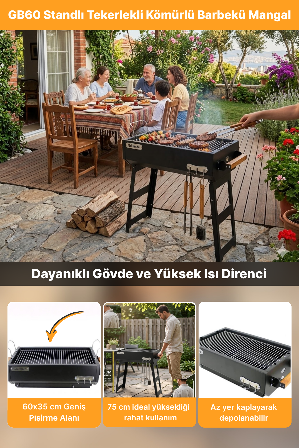 Grillmate GM60KA Asansörlü Döküm Izgaralı Katlanır Barbekü Mangal
