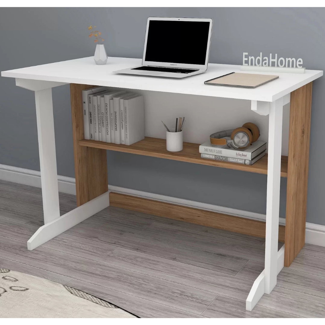 Enda Home Pillar Kütüphaneli Geniş Çalışma Masası 100x56 Cm Atlantik Çam - Beyaz