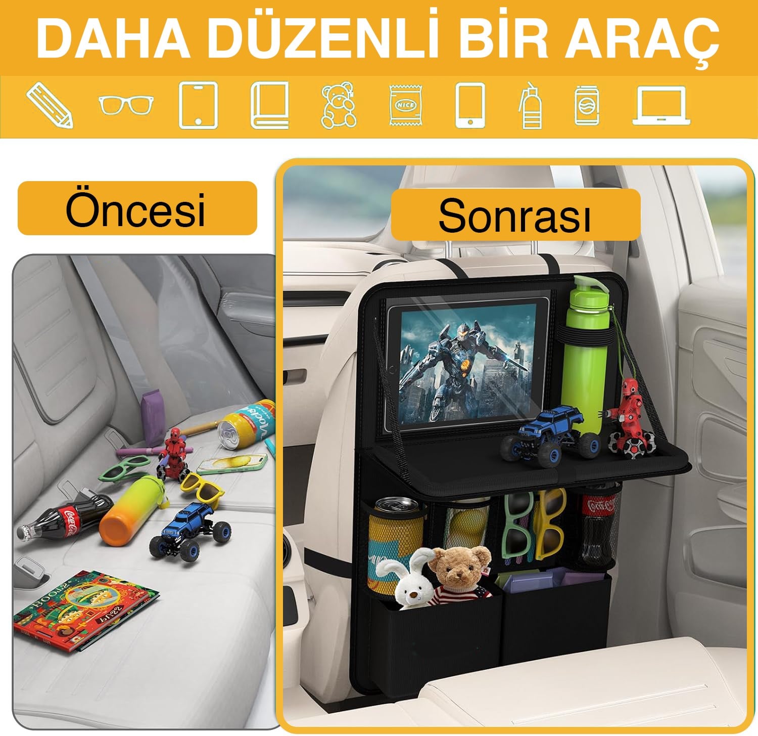 Haegs Araç Koltuk Arkası Düzenleyici, Araç içi Organizer Düzenleyici, Katlanır Sehpalı, Çocuk Tekmeleri için çok Fonksiyonlu Araba Koltuğu Sırt Koruyucu Paspas Mat, Tablet Bölmeli ve Çok Sayıda Cepli, Siyah
