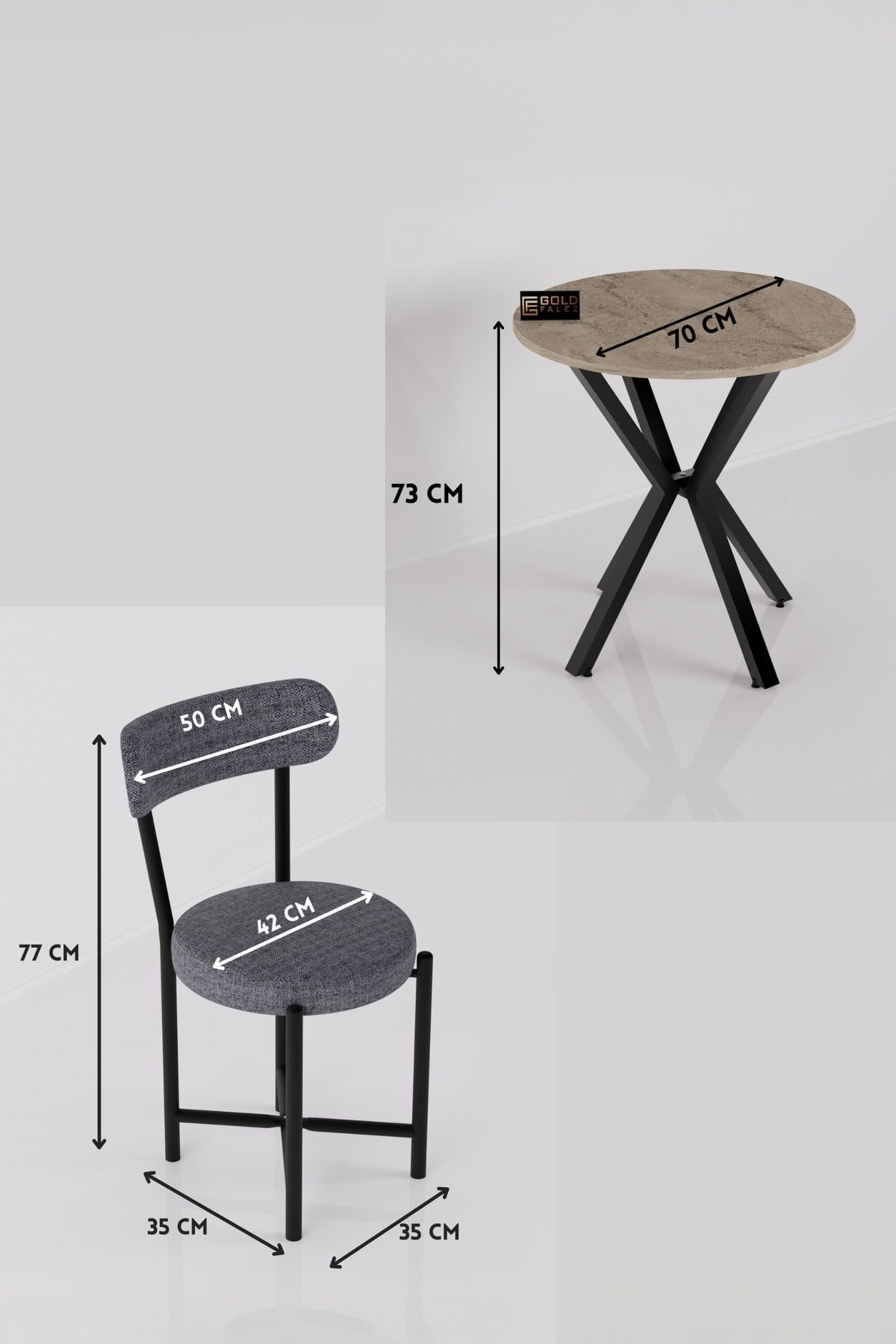 Reyo Falez Teddy 70 cm Yuvarlak Mutfak Masa Takımı 2 Sandalyeli Modern Bahçe Balkon Kafe Seti Traverten - Gri 9842