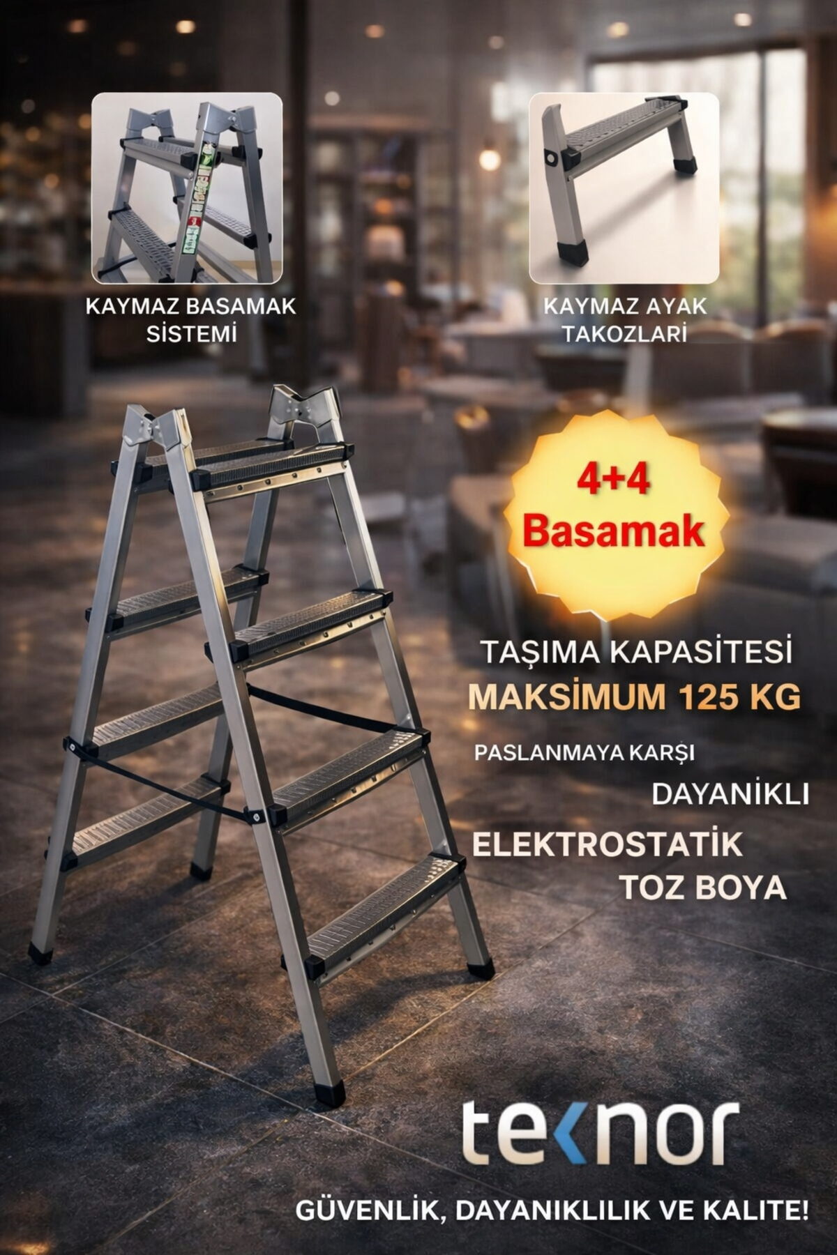Reyo Kutlu Çift Taraflı Dayanıklı 4+4 Metal Basamaklı Katlanır Merdiven – Kaymaz Basamaklı Ev Tipi Portatif Merdiven