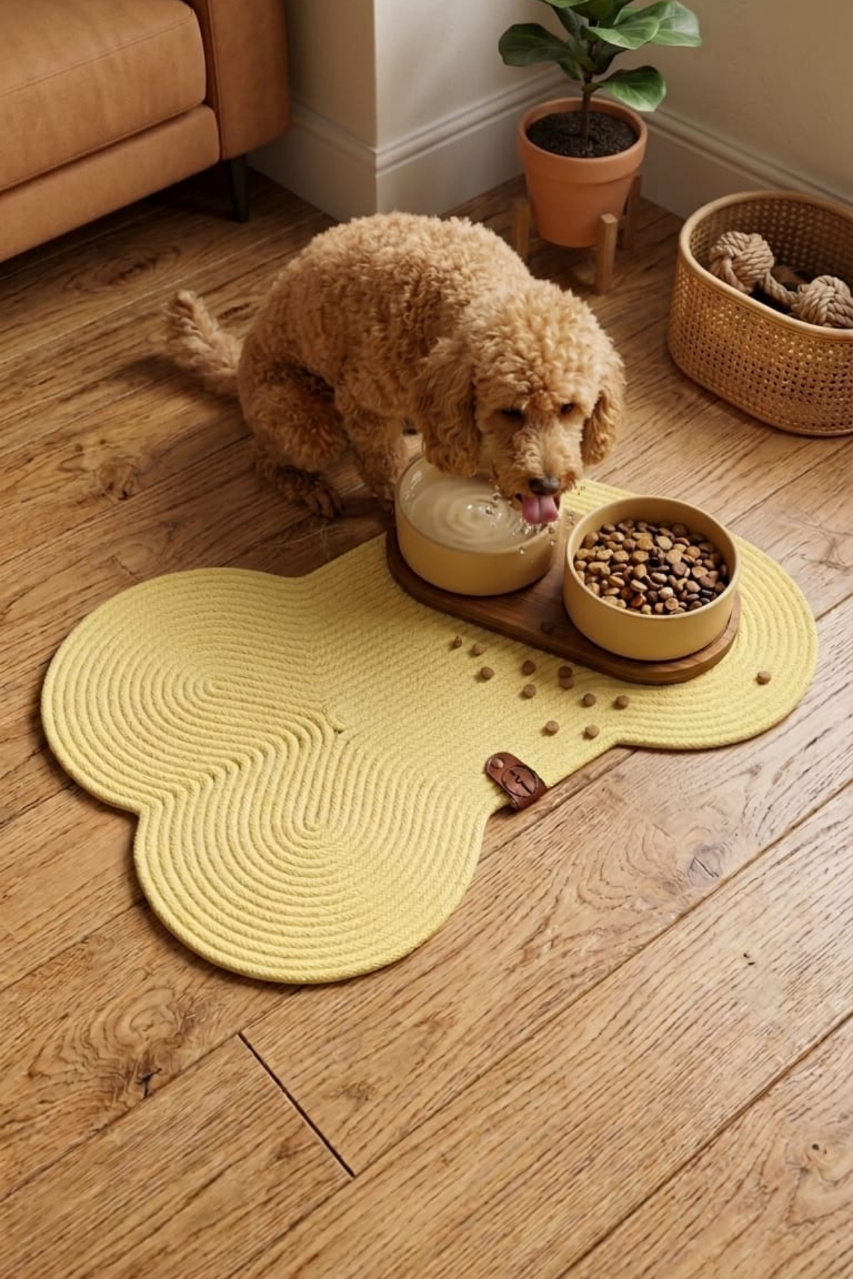 Reyo Pet El Yapımı Kemik Kedi ve Köpek Mama Matı, Kedi Tırmalama Matı, Tress İpli - Açık Sarı