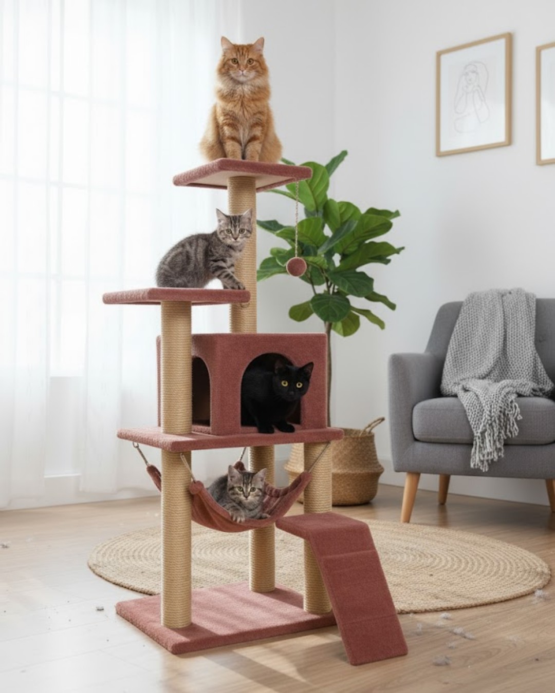 Reyo Pet B-07 Hamaklı Yuvalı Lüx Kedi Tırmalama Oyun Evi Gül Kurusu