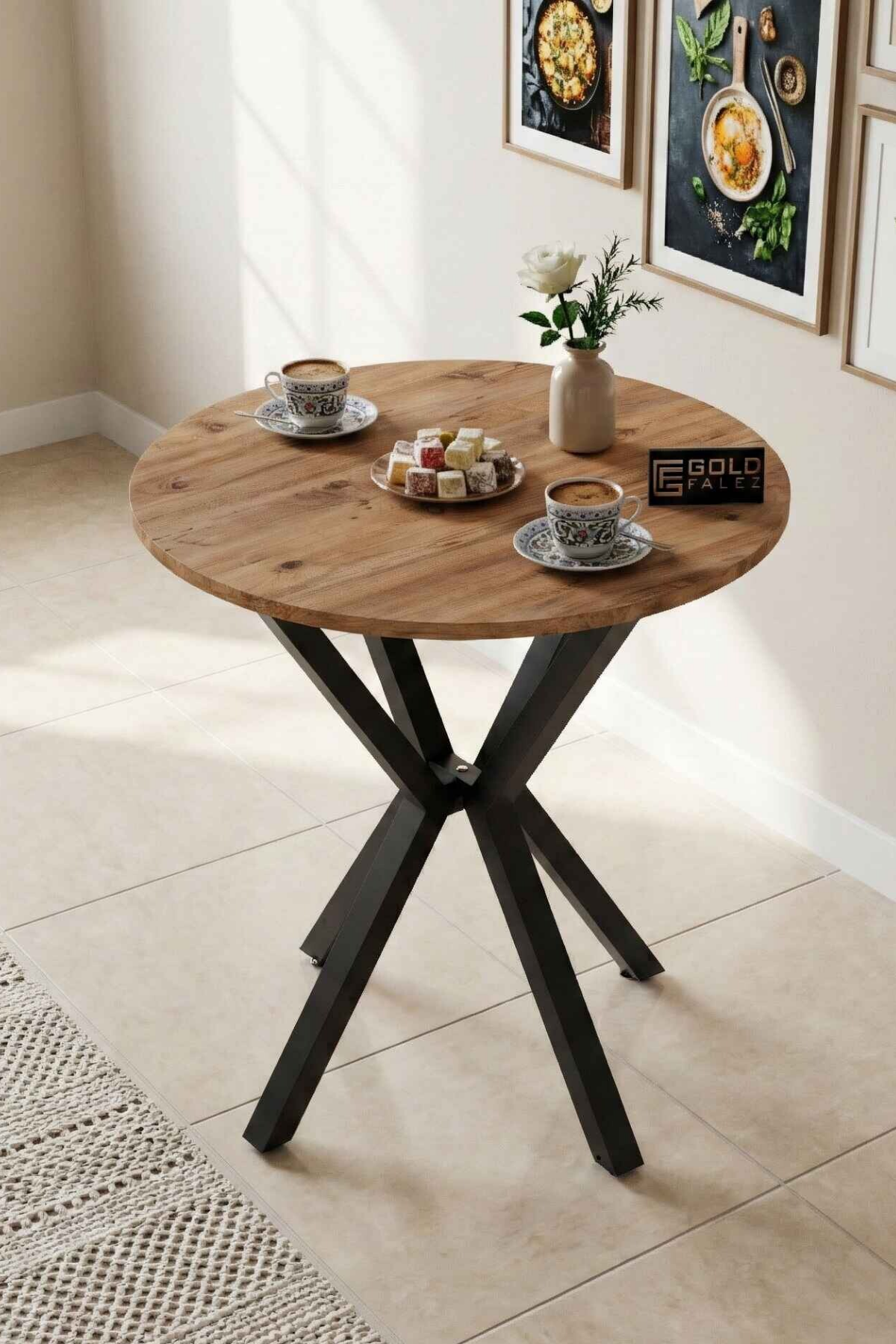 Reyo Falez 70 cm Yuvarlak Mutfak Masası Metal Ayaklı Modern Yemek Balkon Bahçe Kafe Masası Atlantik Çam 9820