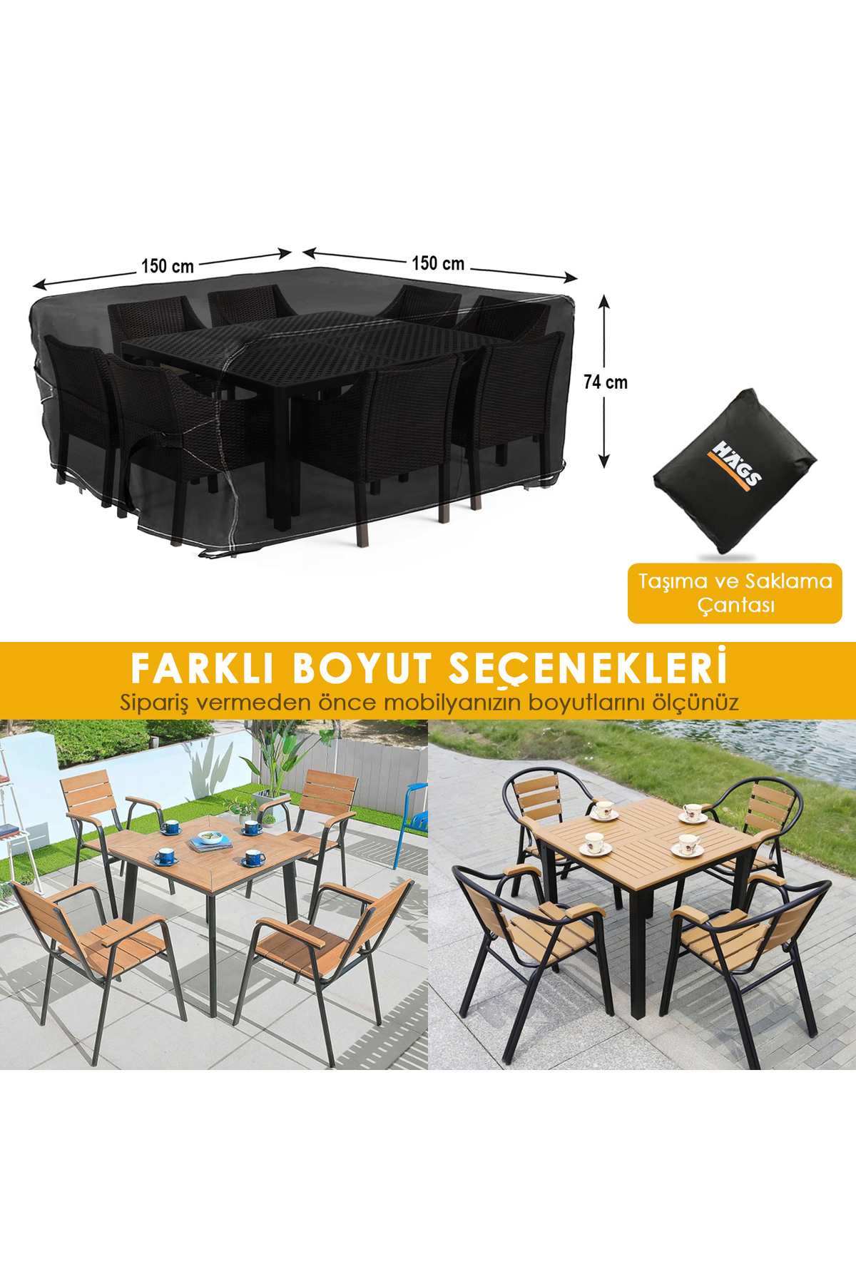 Haegs Bahçe Mobilyası Örtüsü, 150-150-74cm, Ağır Hizmet Oxford Kumaş, Su Geçirmez, Dış Mekan Veranda Masa Örtüsü, Havalandırmalı Masa ve Sandalye Koruma Kılıfı - Gri