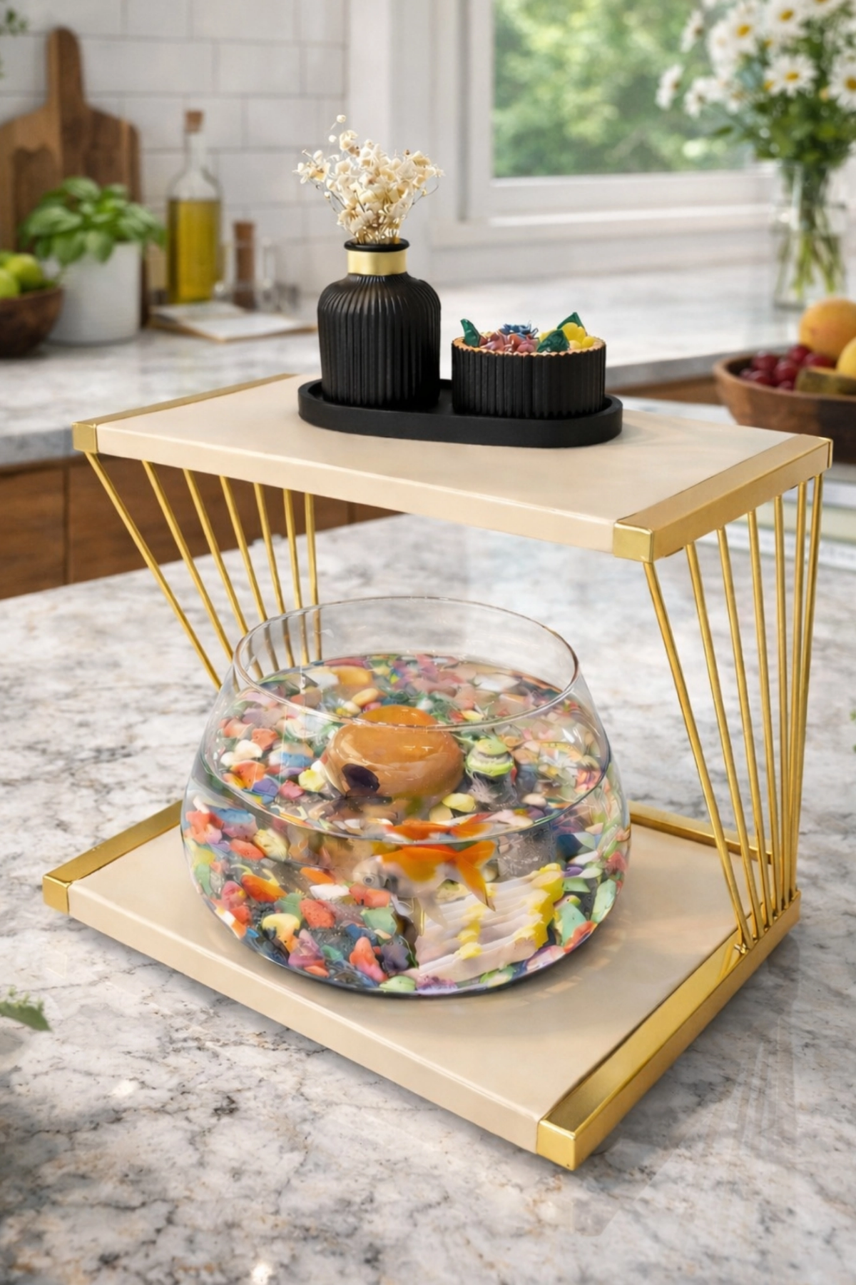 Reyo OK-AY Store Exclusive Işıklı Beta Akvaryum ve Fanus Modern Tasarım LED Aydınlatmalı Modern Temalı Fanus Gold-Krem