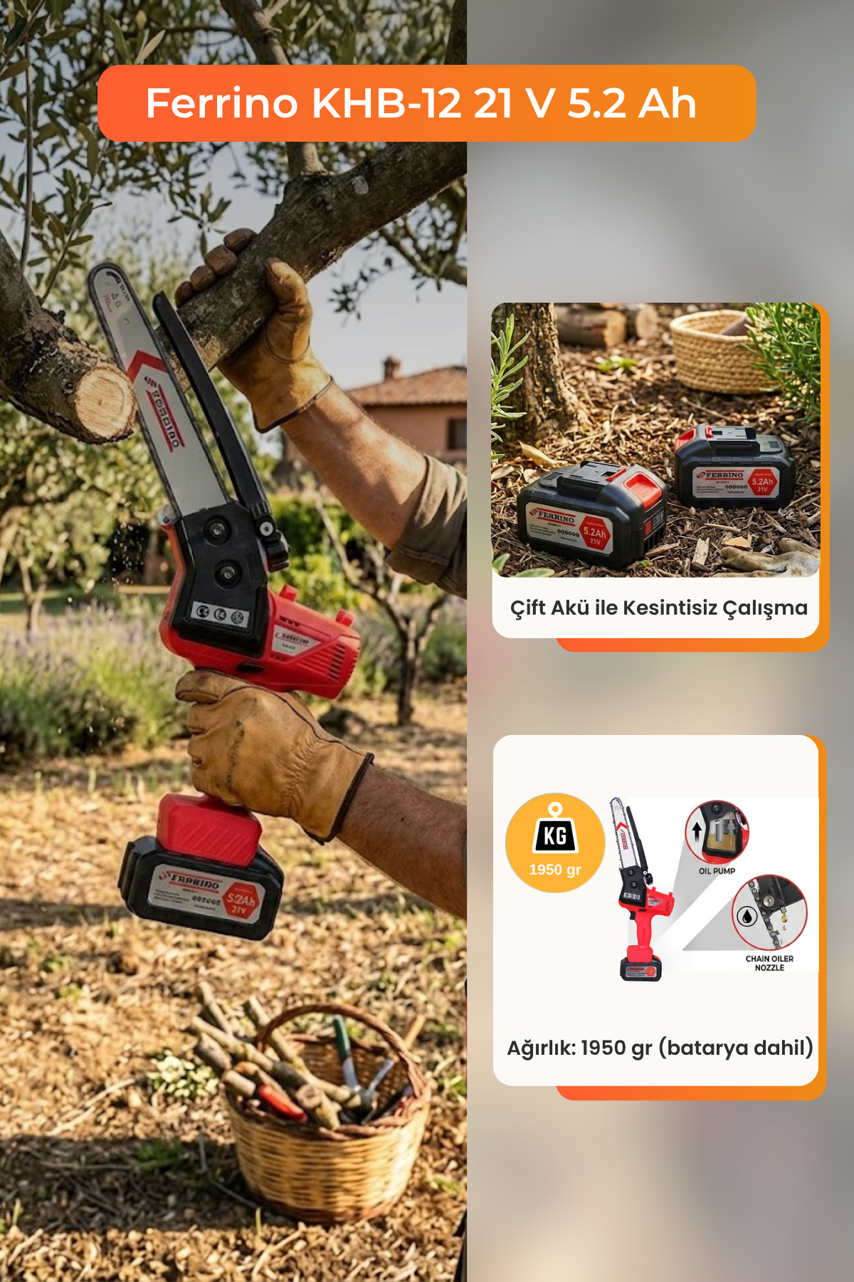 Ferrino KHB-12 21 V 5.2 Ah Çift Akülü Dal Budama Testeresi
