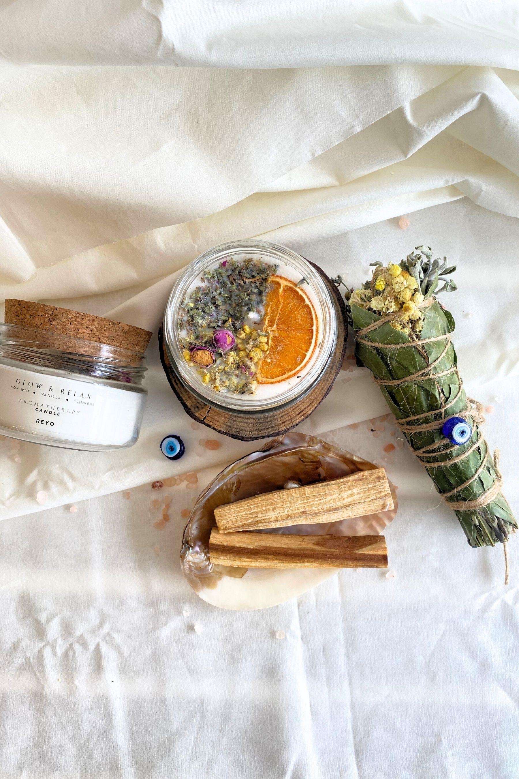 Reyo Nazar Tütsü Demeti, Deniz Kabuğu, Palo Santo, Aromaterapi Mum Arınma 4'lü Ritüel Set 