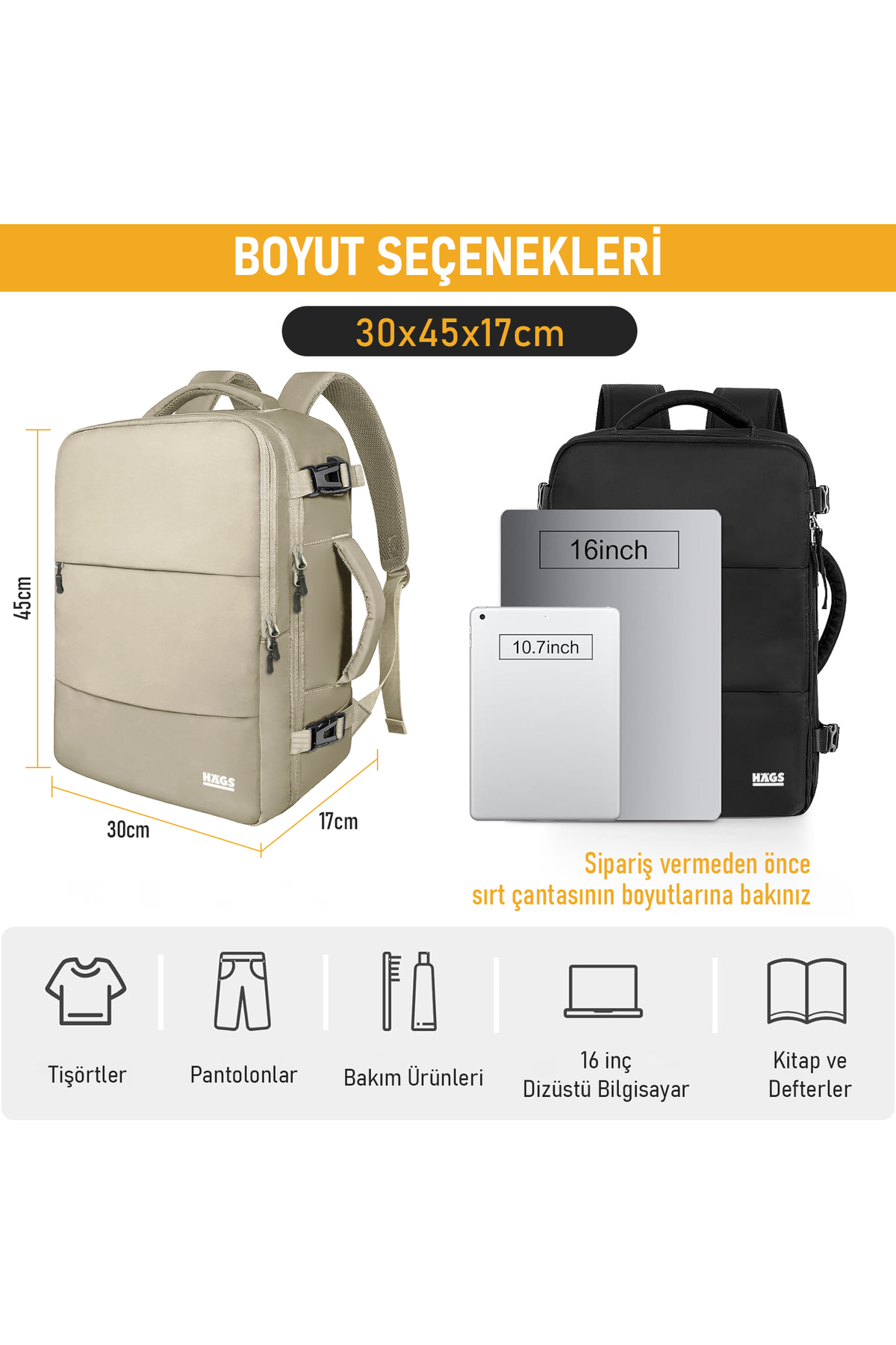Haegs Seyahat Sırt Çantası, Laptop Sırt Çantası Hafif El Çantası Küçük Bavul Valiz, Uçak Onaylı Bagaj Çantası, Erkek ve Bayan İçin, 15.6 inç Notebook Dizüstü Bilgisayar Macbook Laptop Çantası, Bej
