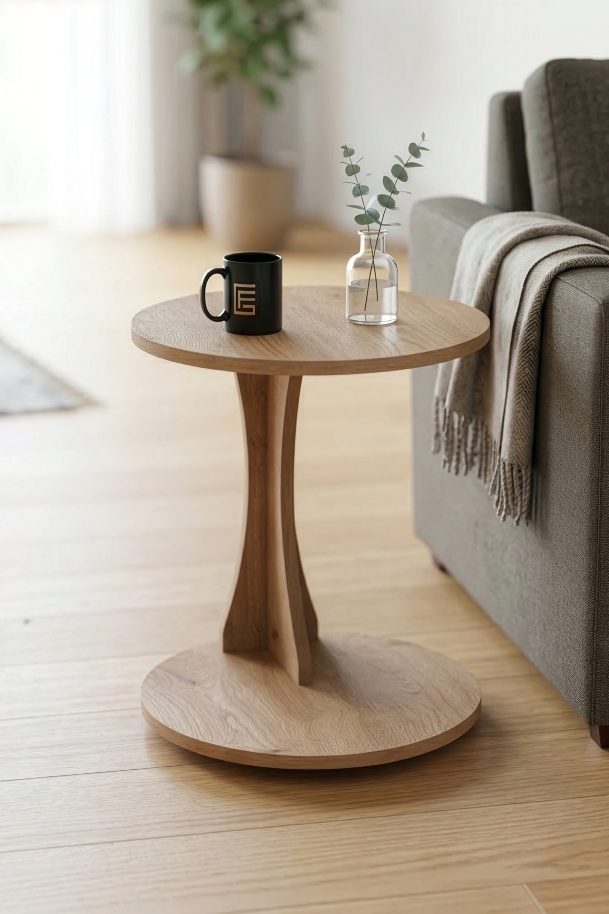 Reyo Falez Yan Sehpa Modern C Sehpa Minimal Tasarım Yuvarlak Orta Sehpa Salon Koltuk Yanı 6099  Meşe