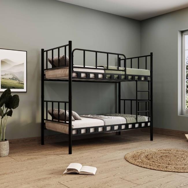 Reyo Zambak Genç Çocuk Yatak Odası Beyaz Metal Siyah Ranza 90X200