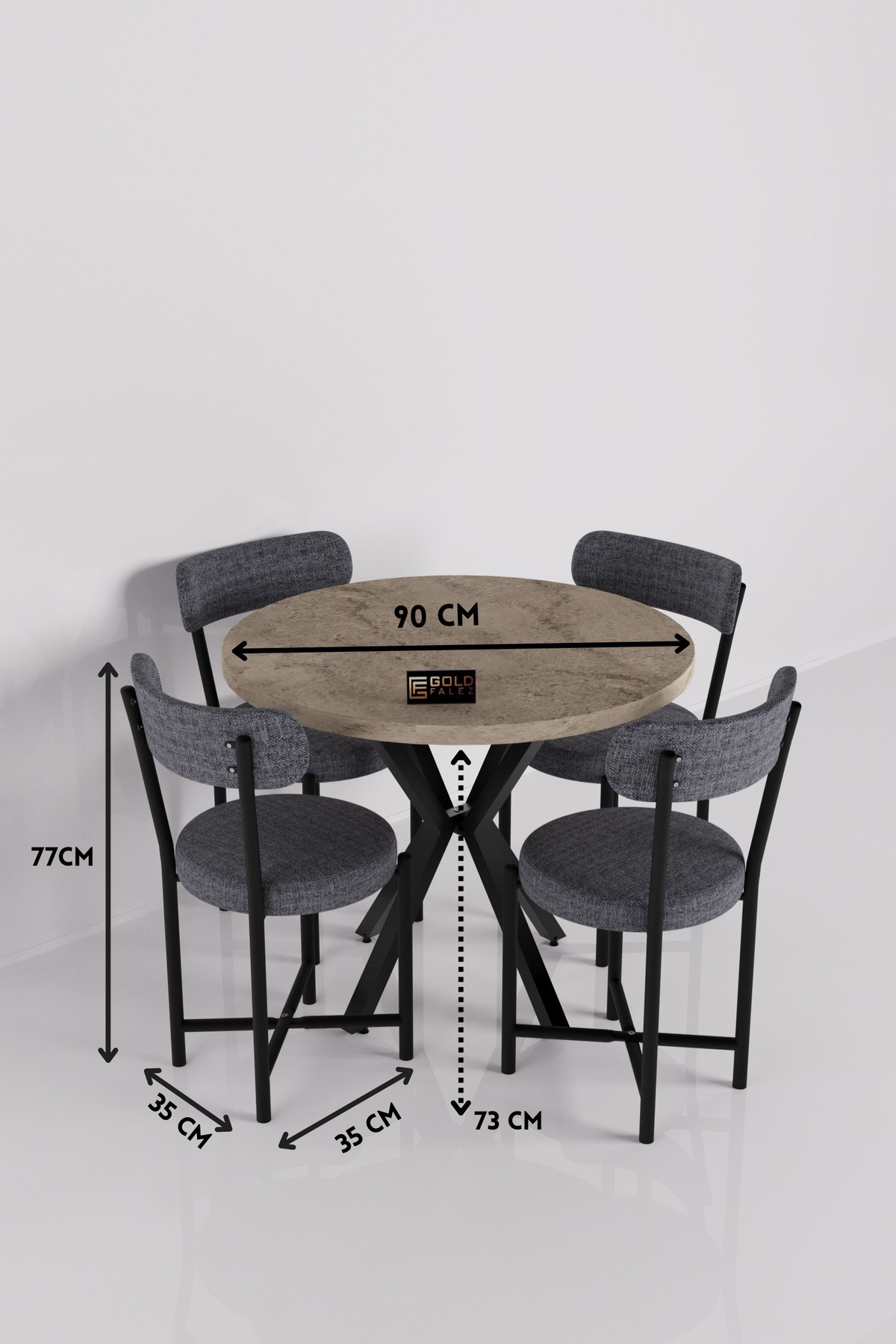 Reyo Falez Teddy 90 cm Yuvarlak Masa Takımı 4 Sandalyeli Modern Mutfak Balkon Kafe Yemek Masası Seti Traverten - Gri 9862