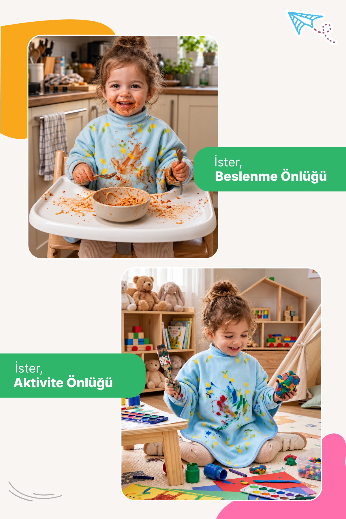 Reyo 6 Ay-6 Yaş Uzun Kollu Bebek Mama Önlüğü, Çocuk Aktivite Önlüğü, Pamuklu, Sıvı Geçirmez İç Katmanlı Havlu Bebek Beslenme Önlüğü - Limon Sorbe