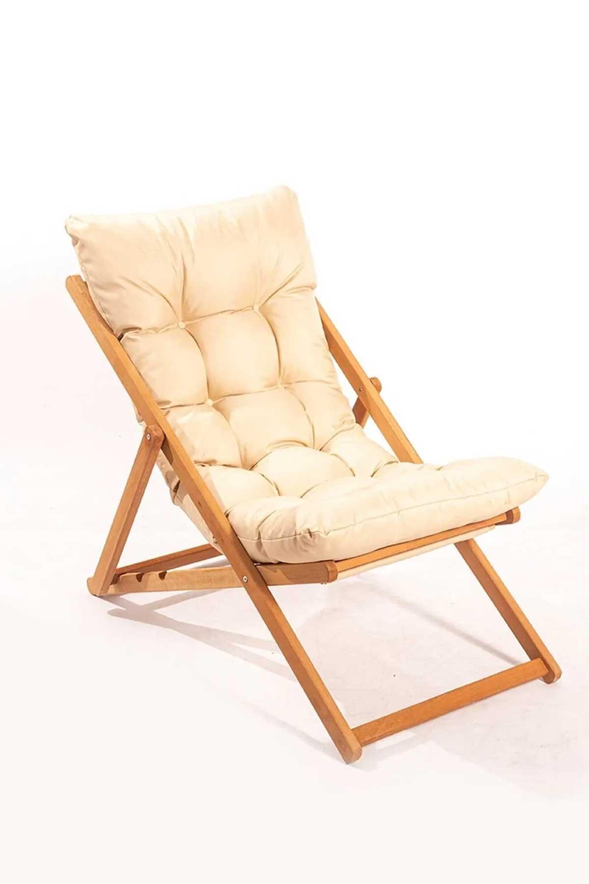 Reyo Flex 2'li Ahşap Puf Minderli Bahçe, Balkon, Teras ve Plaj Katlanır Şezlong Set Bistro