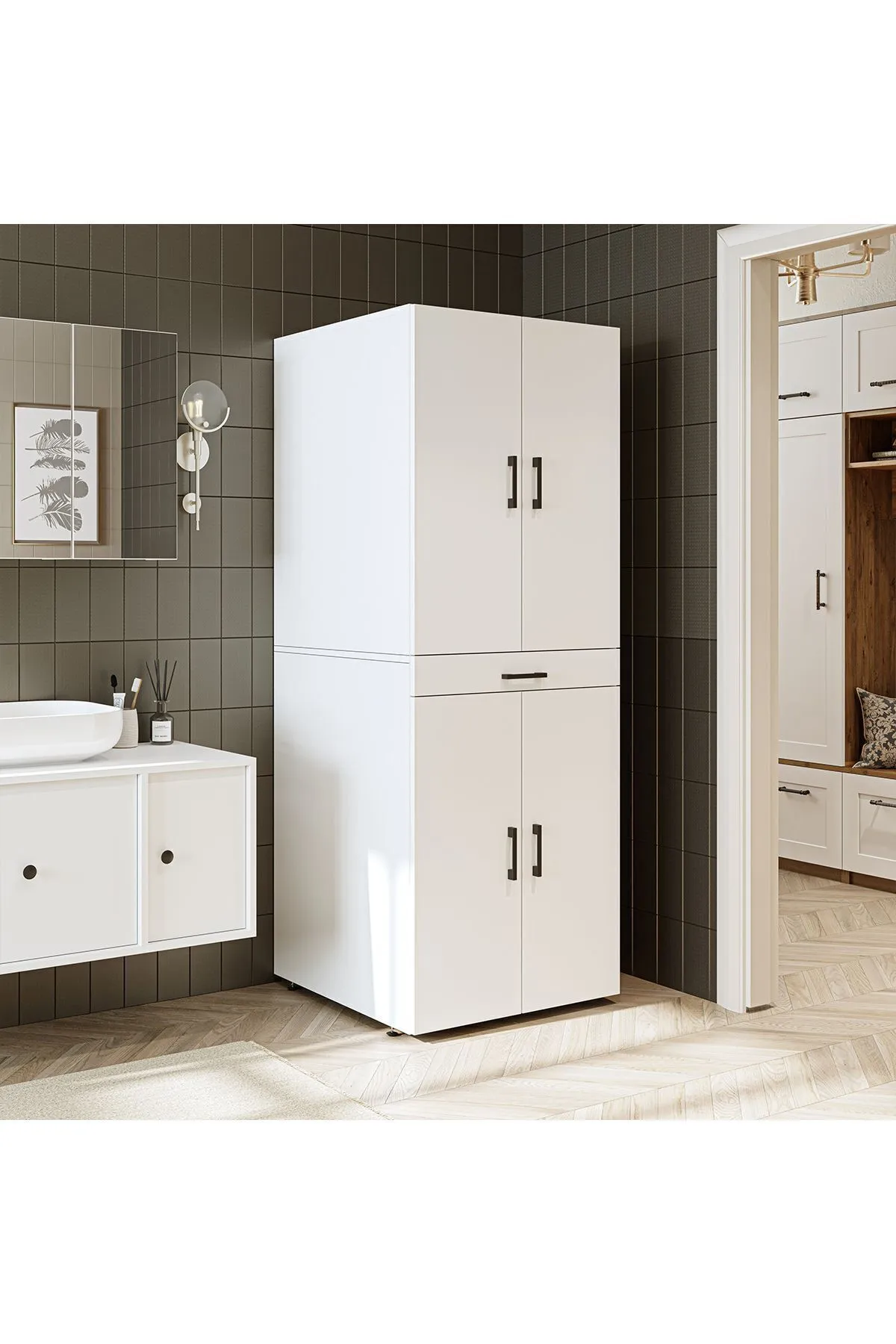 RoomArt Banyo Dolabı Kapaklı Çamaşır Ve Kurutma Makinesi Dolabı 70x185 cm Mat Beyaz