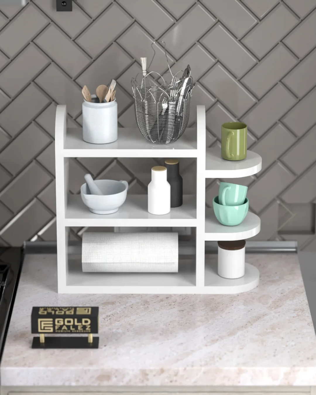 Reyo Home Modern Peçetelikli Baharatlık Mutfak Rafı Beyaz