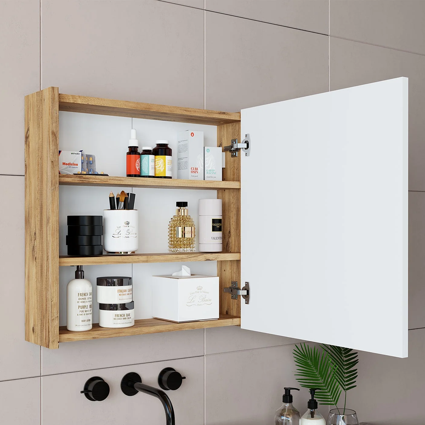 Roomart Ad7 Kulpsuz Tek Kapaklı Ahşap-Mat Beyaz Mdf 60 cm Aynalı Banyo Üst Dolabı
