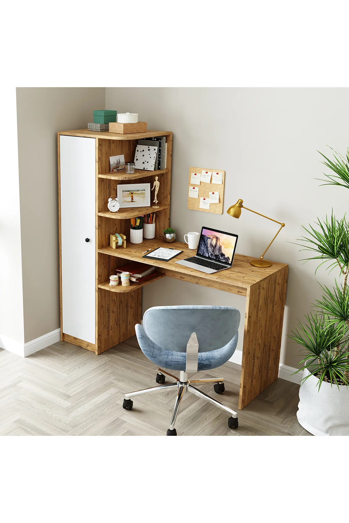 Roomart Roma Raflı Çalışma Masası, Çalışma Ofis Masası Sol Dolaplı Atlantik Çam